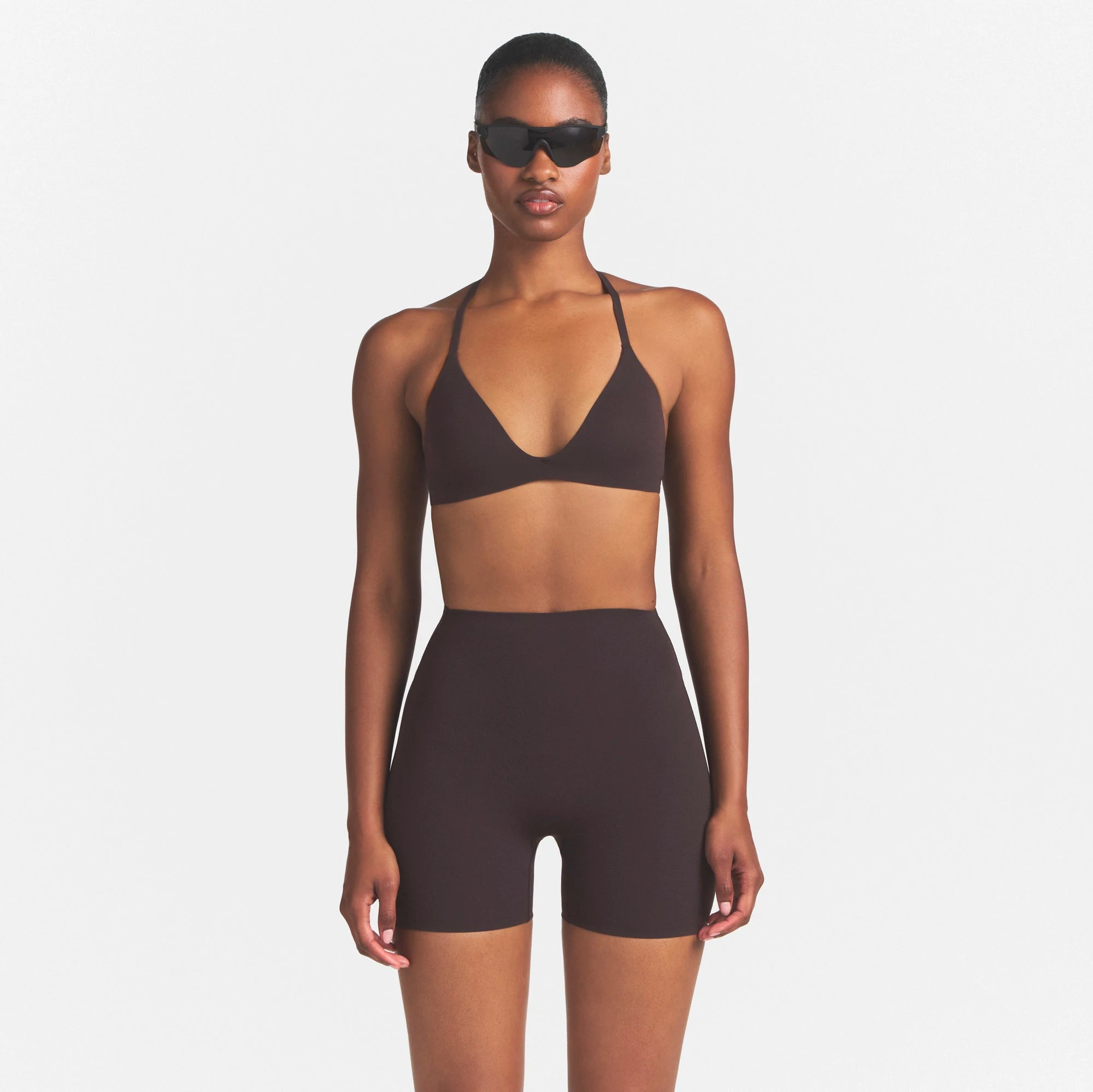 NikeSKIMS STUDIO STRETCH 5" BIKER SHORT | DARK ROASTON A MODEL FRONT