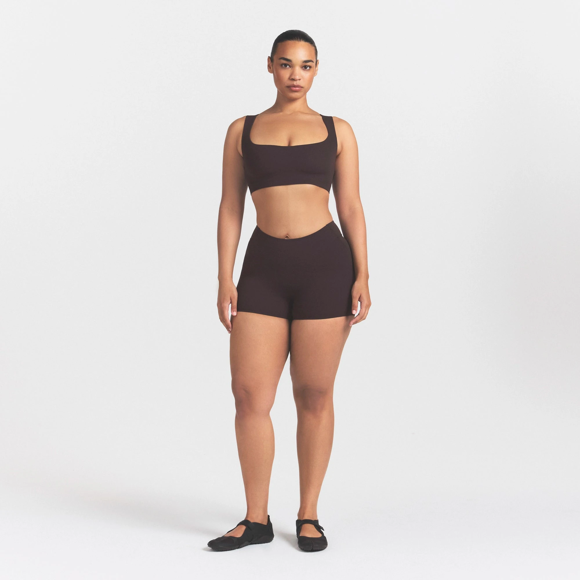 NikeSKIMS STUDIO STRETCH DIP FRONT 2" SHORT | DARK ROASTON A MODEL FRONT