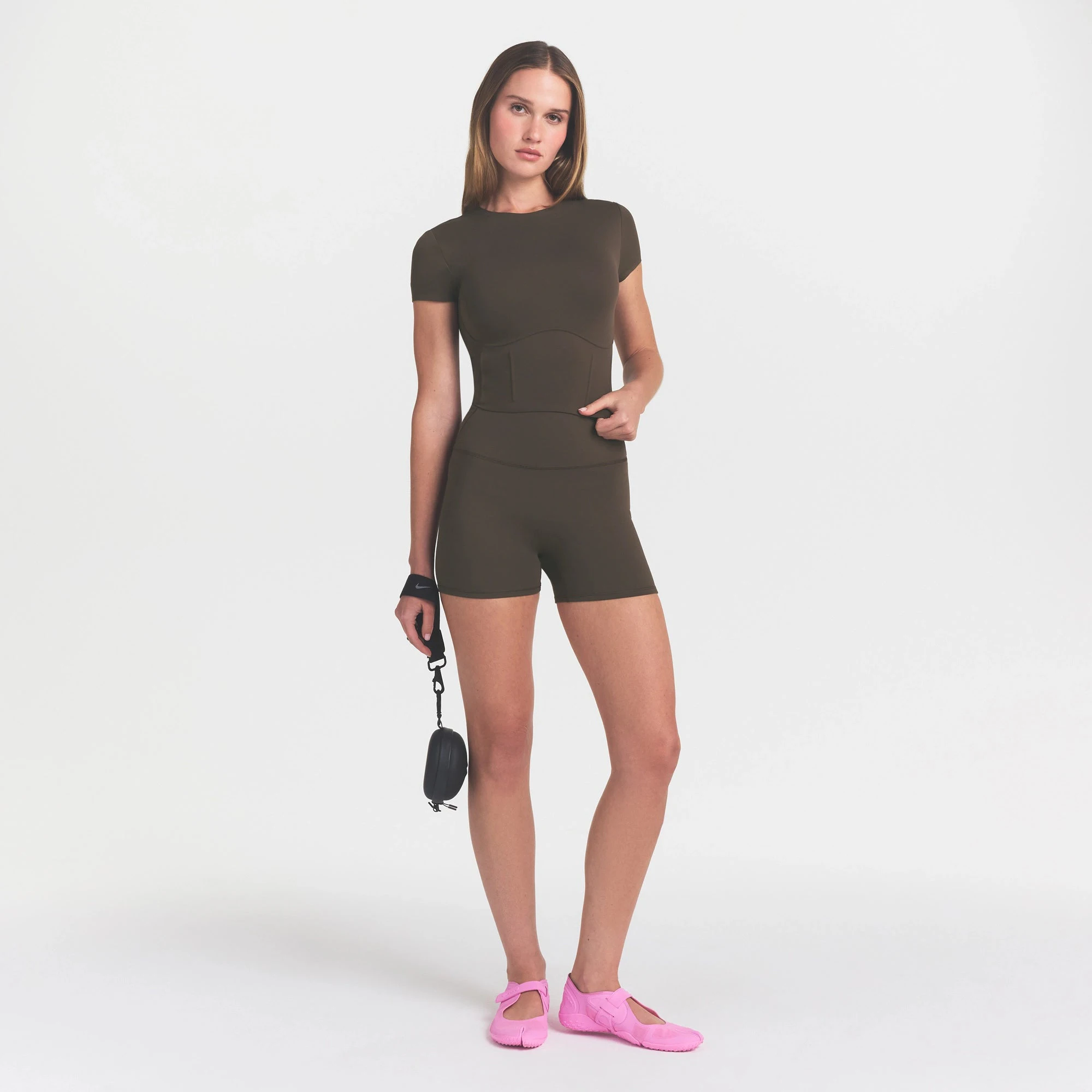 NikeSKIMS MATTE CORSET CROP TOP | DARK SEPIA ON A MODEL VIEW @ | FOCUS: 0.0, 1.0, 0.9