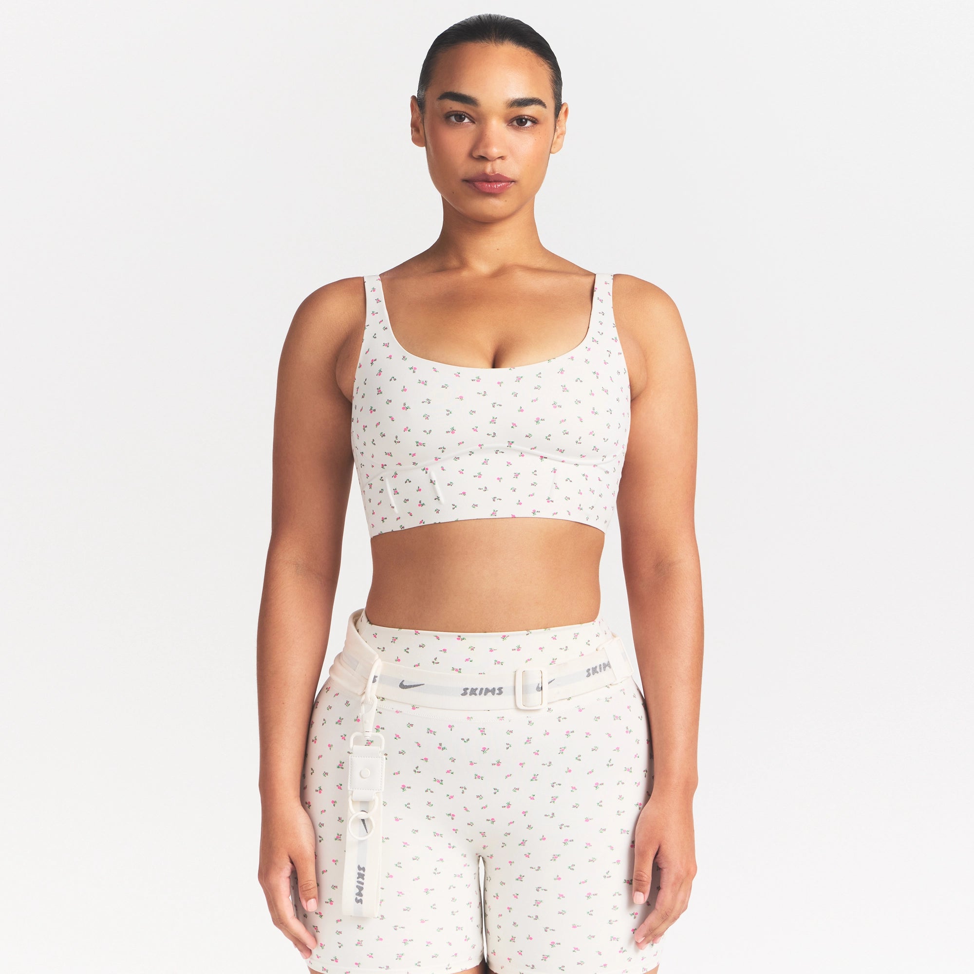 NikeSKIMS MATTE CORSET LONGLINE BRA | DITSY FLORAL PRINT ON A MODEL 
