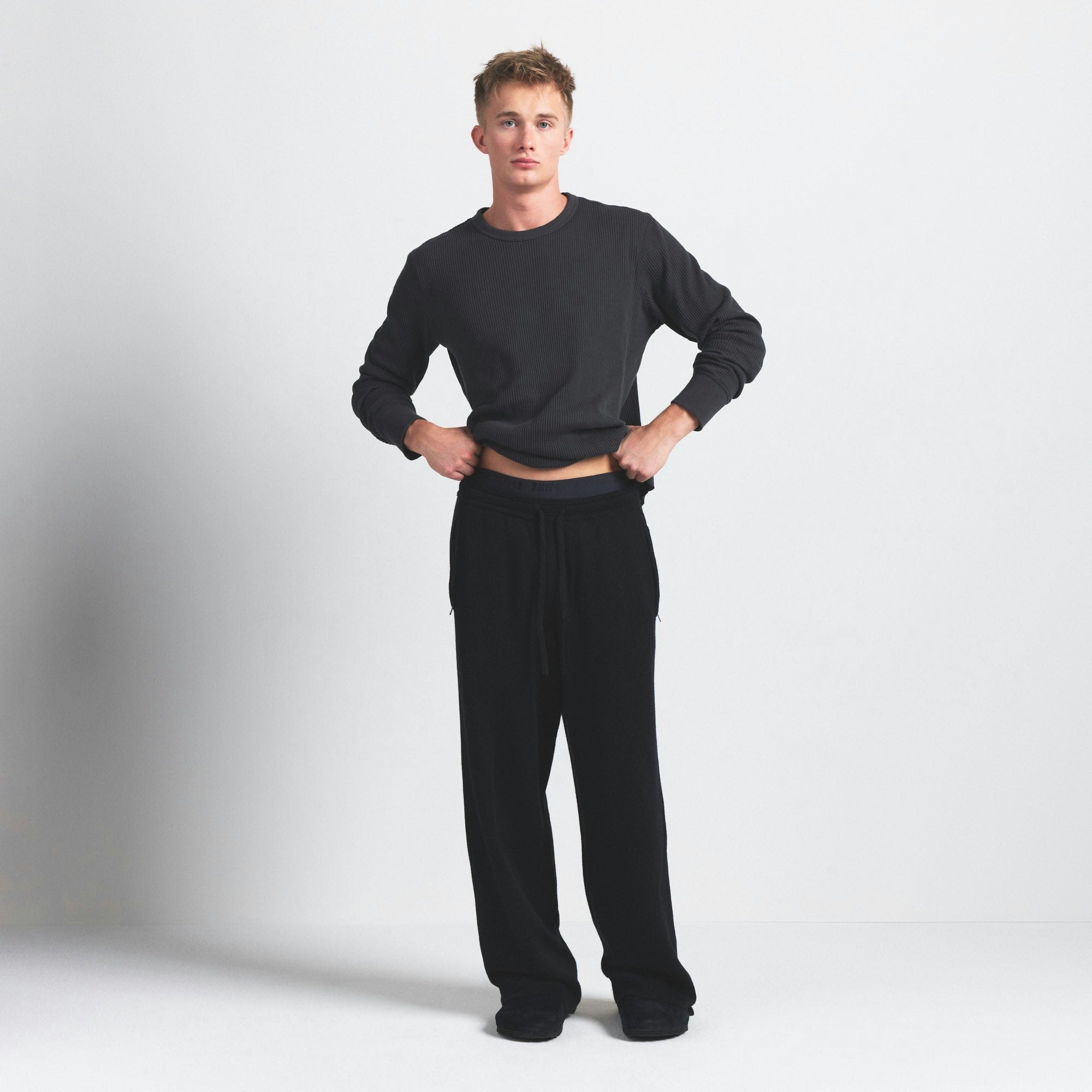 COTTON KNIT MENS STRAIGHT LEG PANT | OBSIDIAN ON A MODEL FRONT VIEW @ | FOCUS: 0.0, 1.0, 0.9