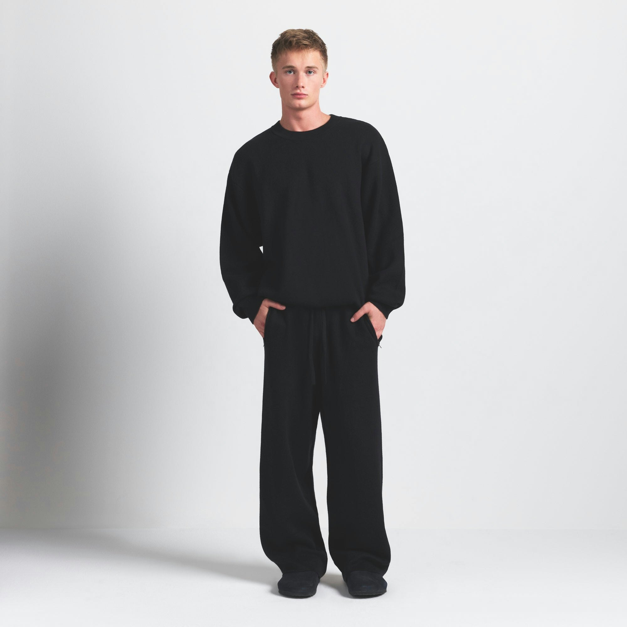 COTTON KNIT MENS STRAIGHT LEG PANT | OBSIDIAN ON A MODEL FRONT VIEW @ | FOCUS: 0.0, 1.0, 0.9