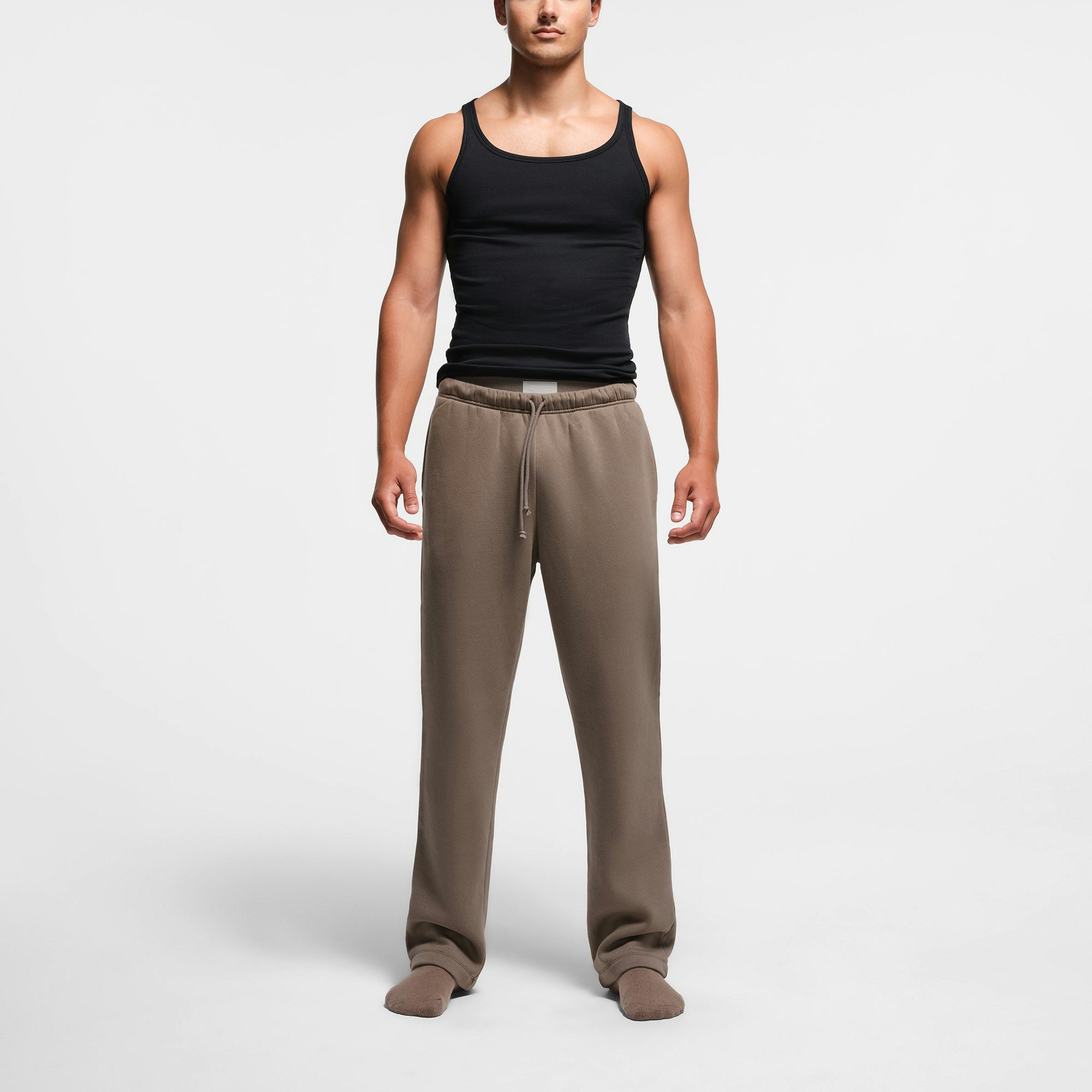 FLEECE LOUNGE MENS CLASSIC STRAIGHT LEG PANT | TRUFFLE ON A MODEL FRONT VIEW