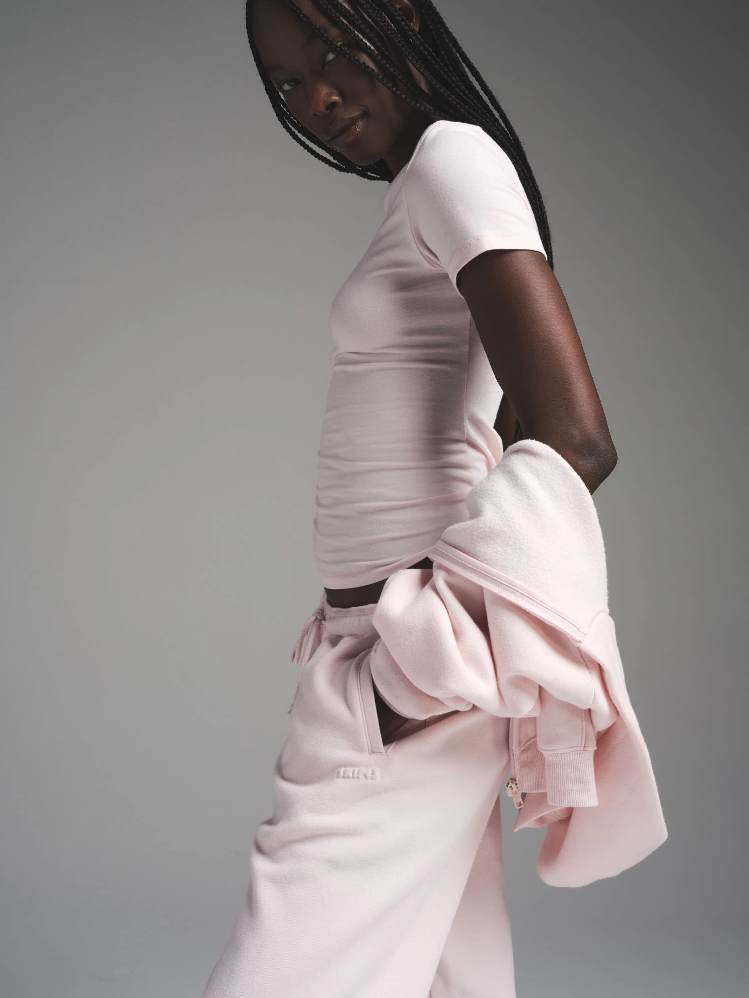 COTTON FLEECE CLASSIC JOGGER | BARELY PINK ON A MODEL FRONT VIEW | FOCUS: 0.0, 1.0, 0.9