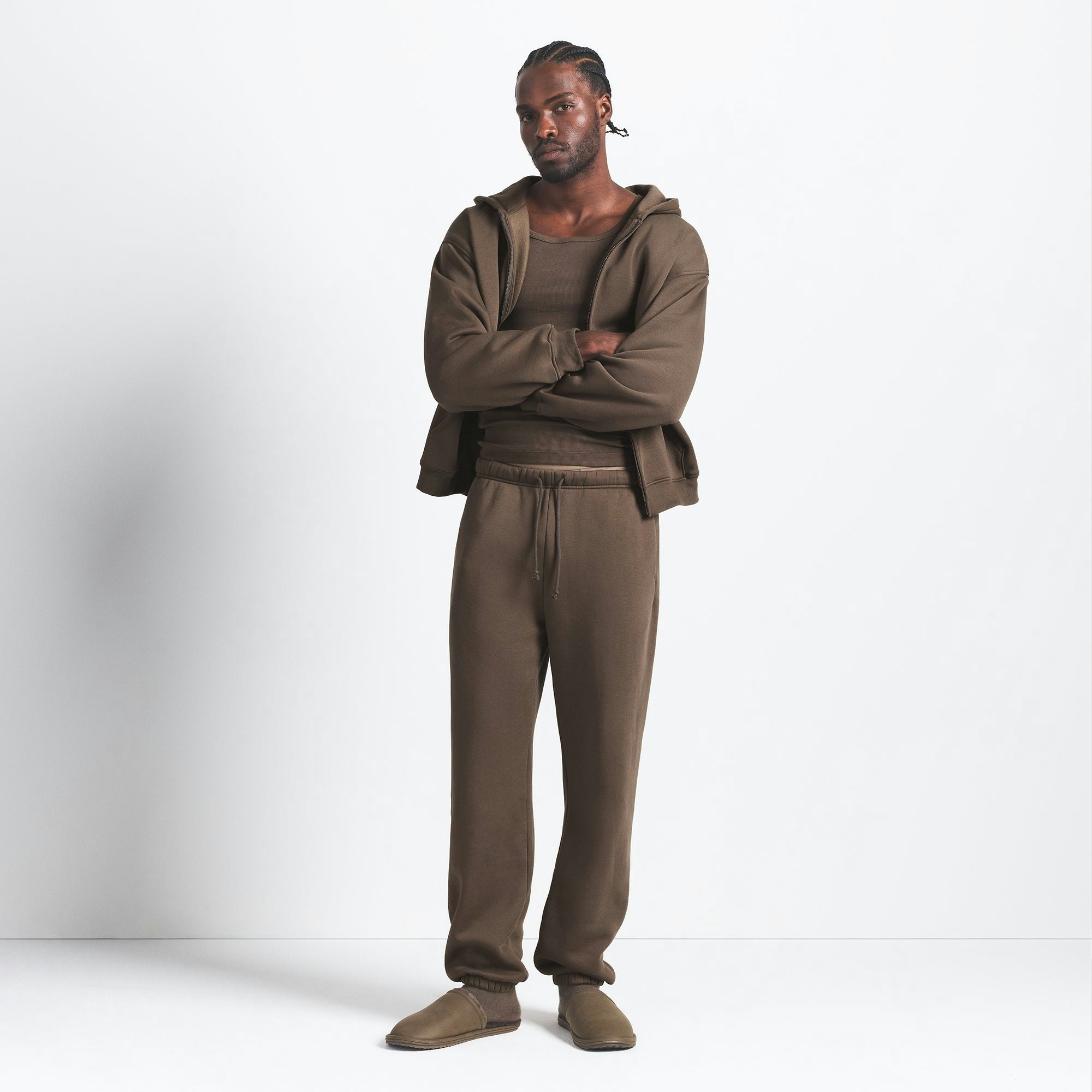 FLEECE LOUNGE MENS RELAXED JOGGER | DRIFTWOOD ON A MODEL FRONT VIEW @ | FOCUS: 0.0, 1.0, 0.9