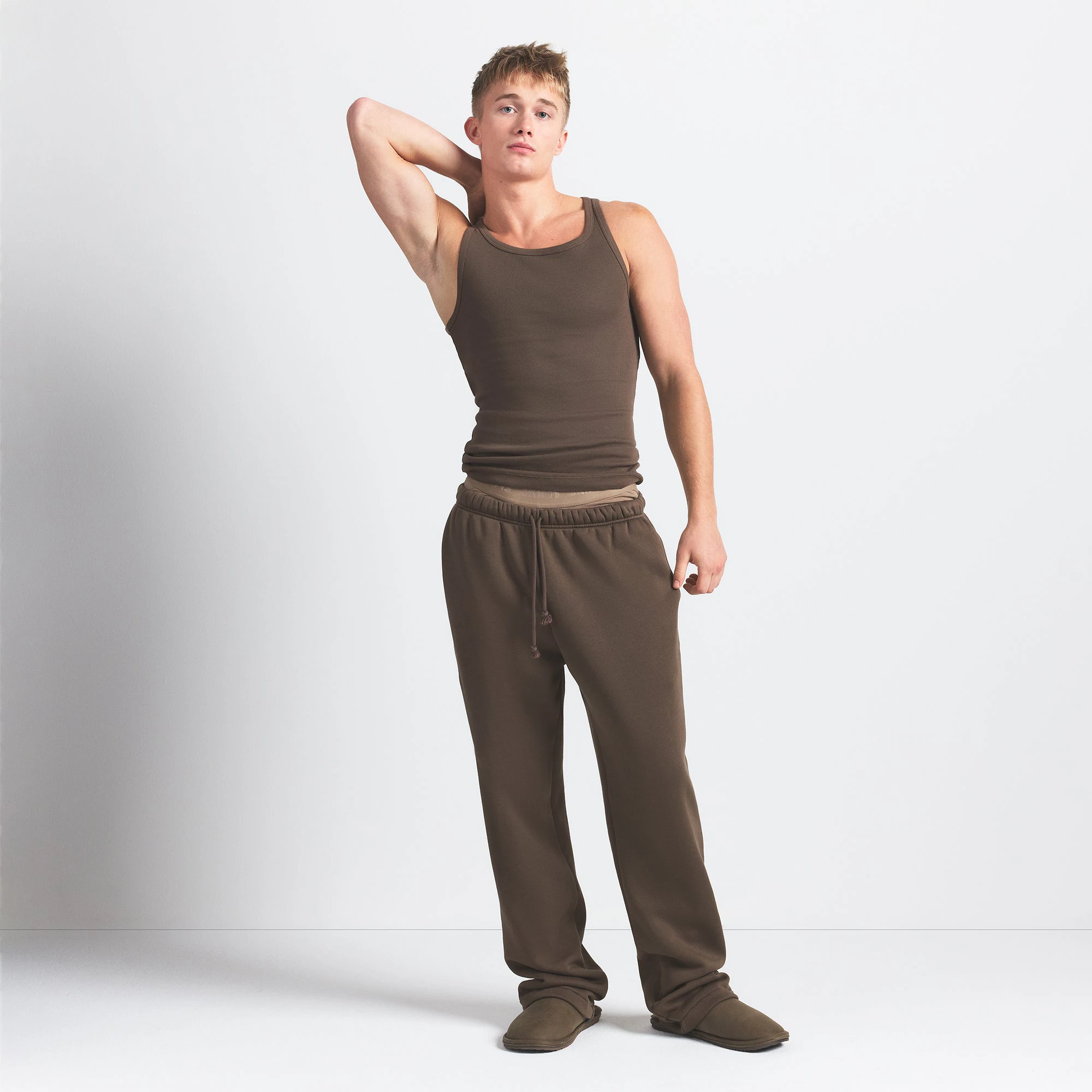 FLEECE LOUNGE MENS CLASSIC STRAIGHT LEG PANT | DRIFTWOOD ON A MODEL FRONT VIEW @ | FOCUS: 0.0, 1.0, 0.9