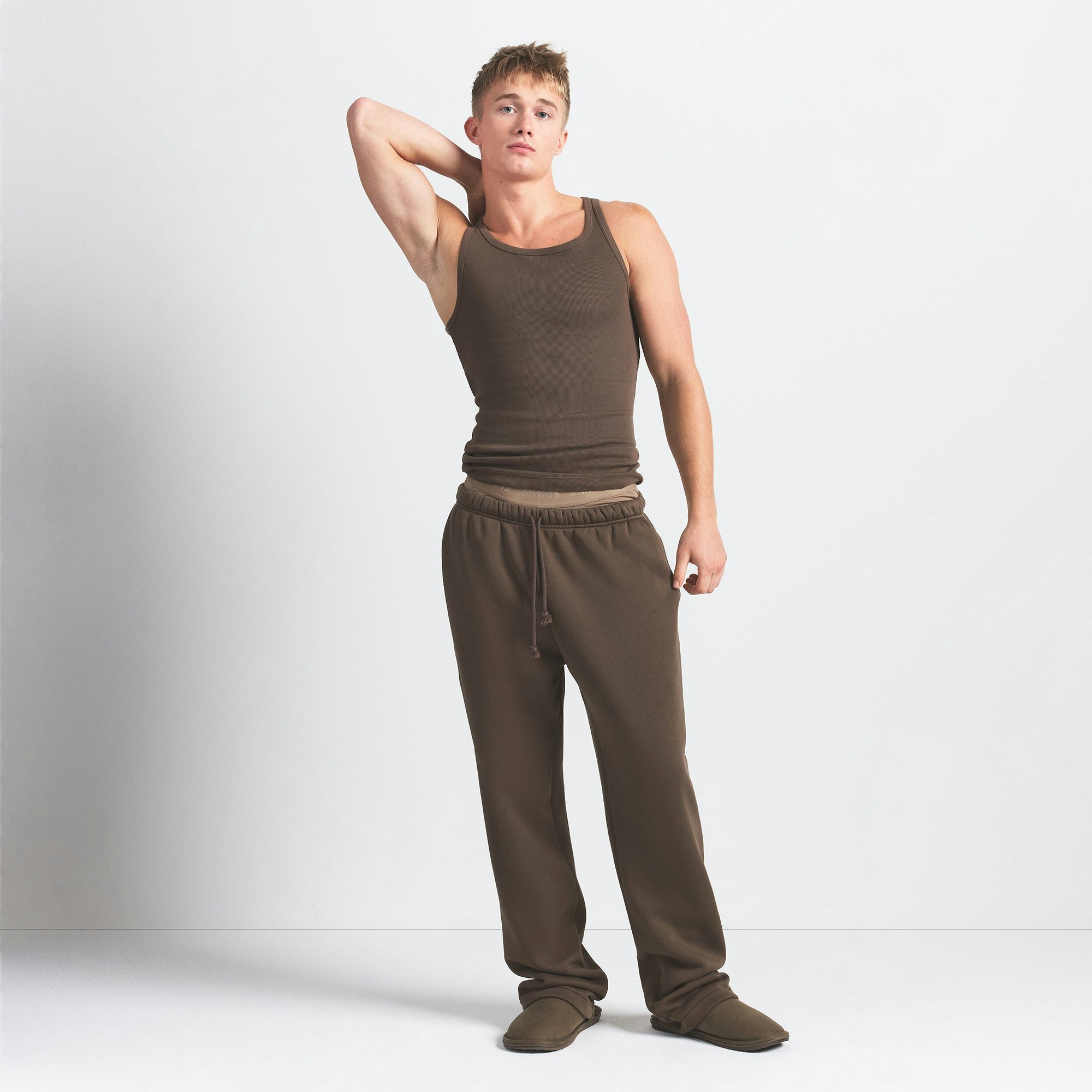 FLEECE LOUNGE MENS CLASSIC STRAIGHT LEG PANT | DRIFTWOOD ON A MODEL FRONT VIEW @ | FOCUS: 0.0, 1.0, 0.9