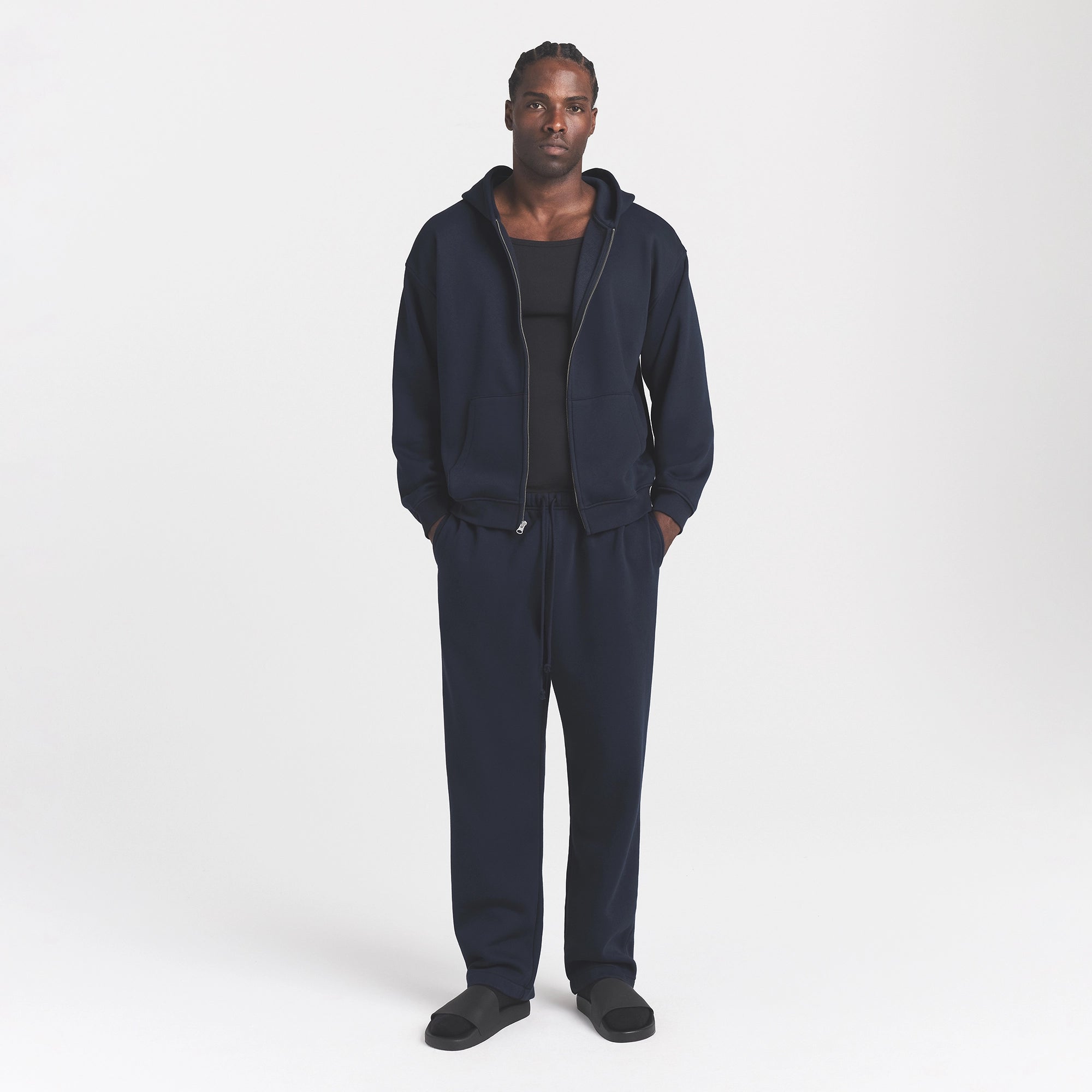 FLEECE LOUNGE MENS CLASSIC STRAIGHT LEG PANT | NAVY ON A MODEL FRONT VIEW @ | FOCUS: 0.0, 1.0, 0.9