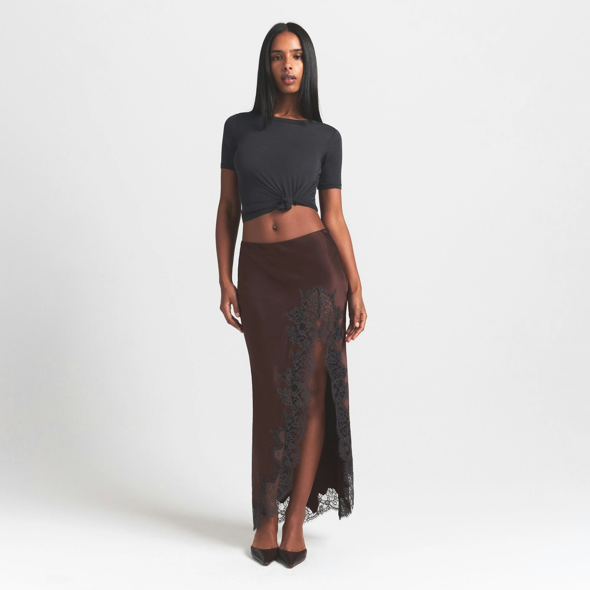 SILK LACE SKIRT | ESPRESSO CONTRAST ON A MODEL FRONT VIEW @ | FOCUS: 0.0, 1.0, 0.9