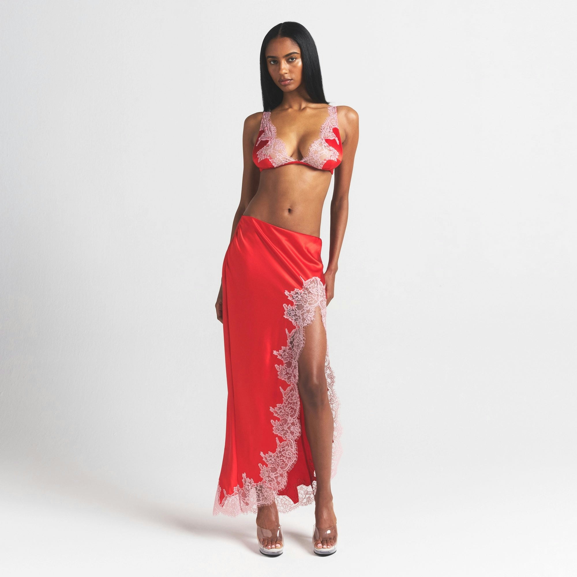 SILK LACE SKIRT | RUBY CONTRAST ON A MODEL FRONT VIEW @ | FOCUS: 0.0, 1.0, 0.9