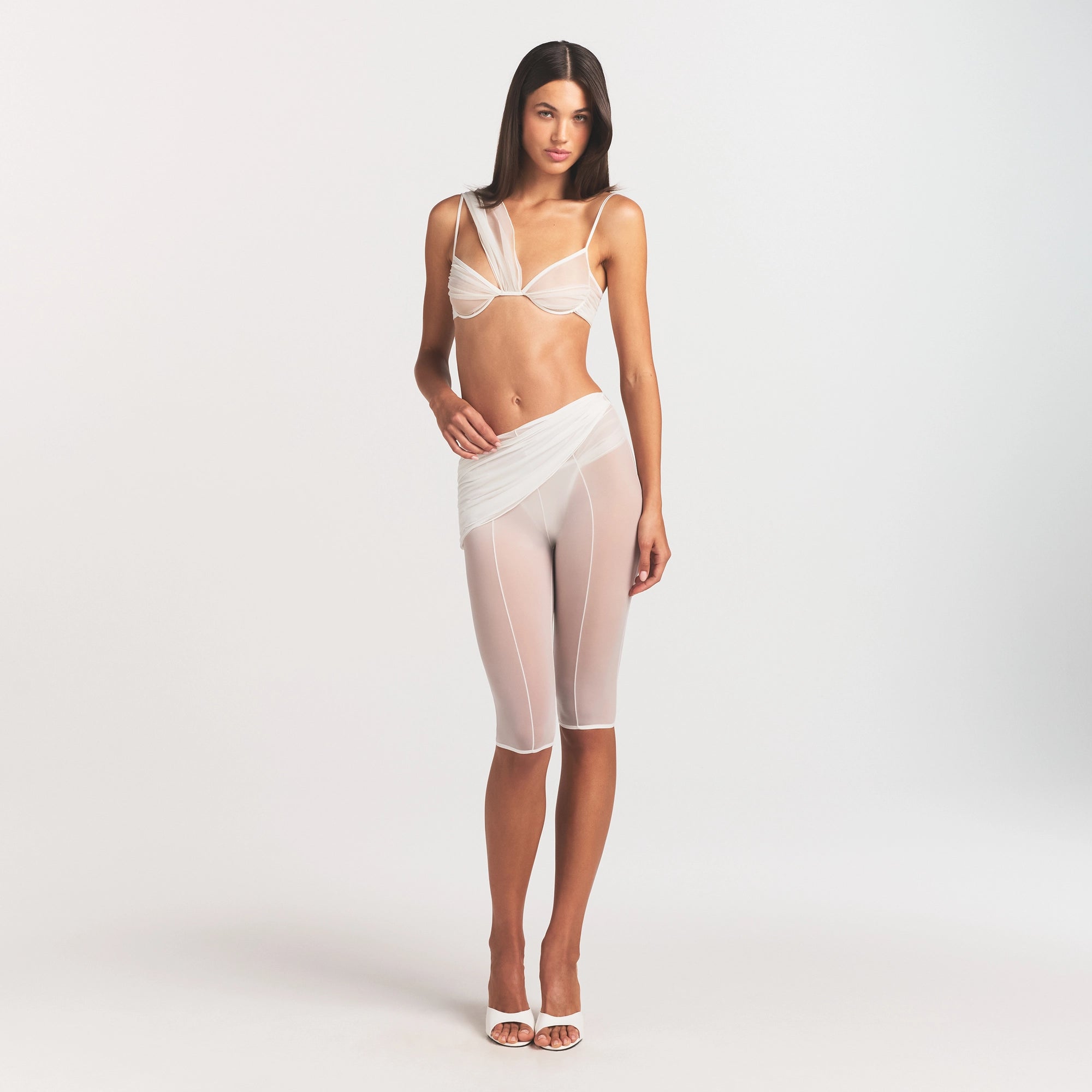 ULTRA FINE MESH DRAPED CAPRI | IVORY ON A MODEL FRONT VIEW @ | FOCUS: 0.0, 1.0, 0.9