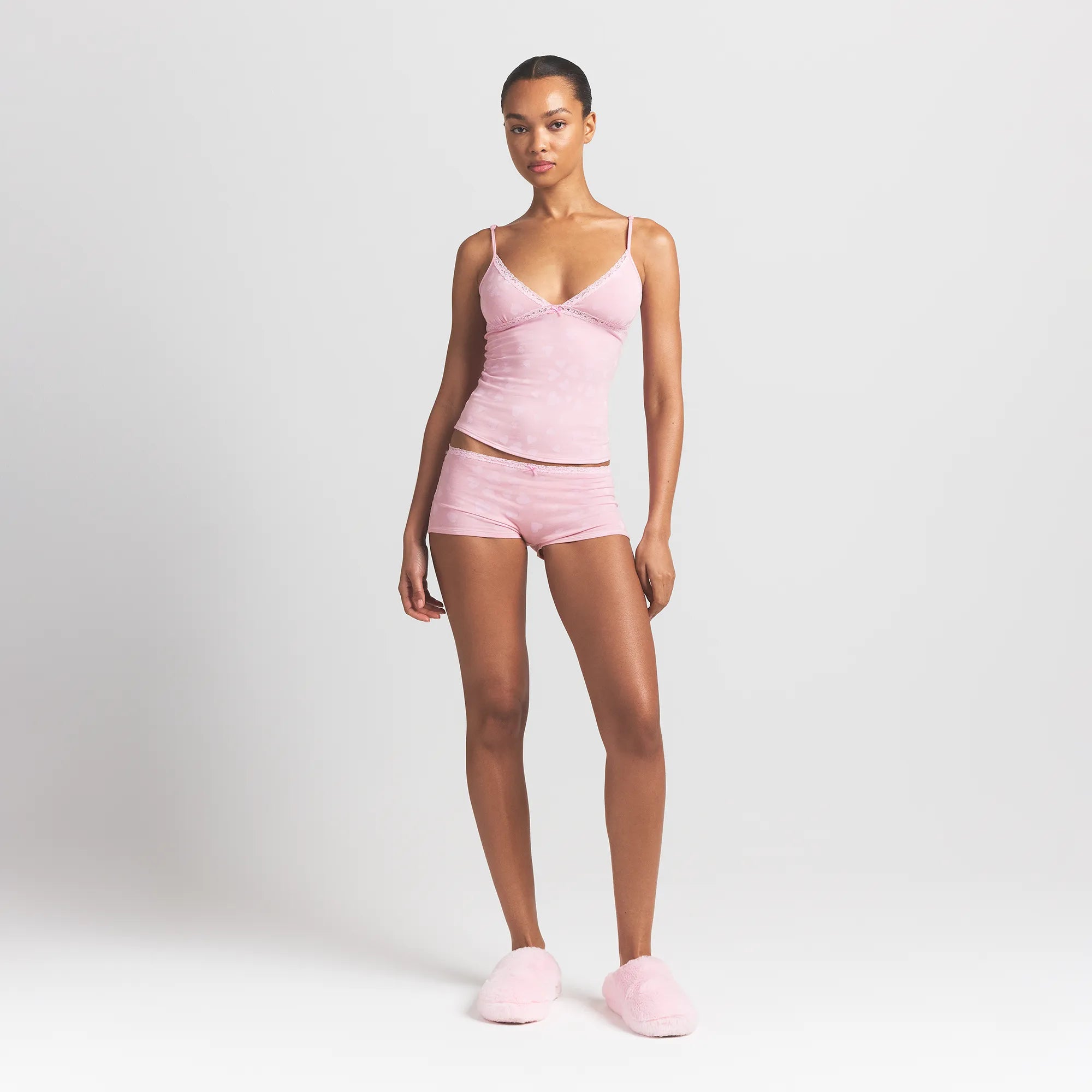 LIGHTWEIGHT COTTON LACE CAMI AND BOY SHORT SET | HALITE CLUSTERED HEARTS ON A MODEL FRONT VIEW @ | FOCUS: 0.0, 1.0, 0.9