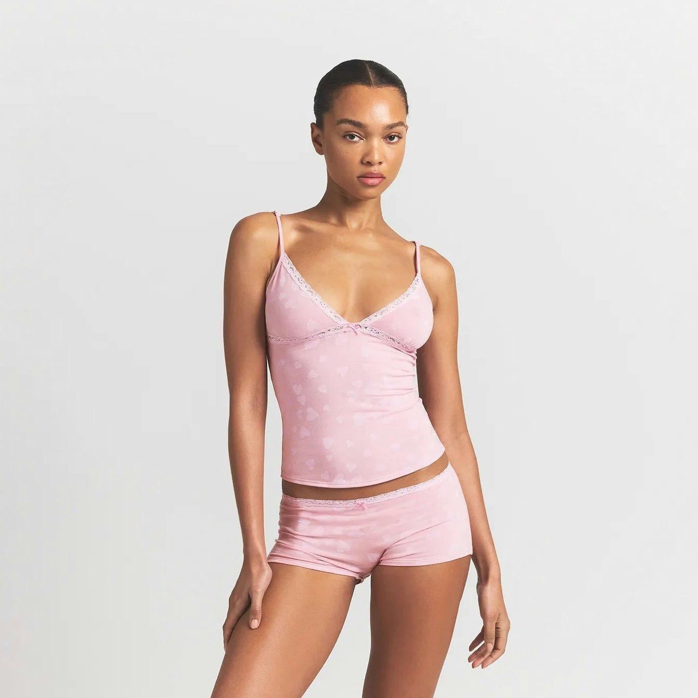 LIGHTWEIGHT COTTON LACE CAMI AND BOY SHORT SET | HALITE CLUSTERED HEARTS ON A MODEL FRONT VIEW @ | FOCUS: 0.0, 1.0, 0.9