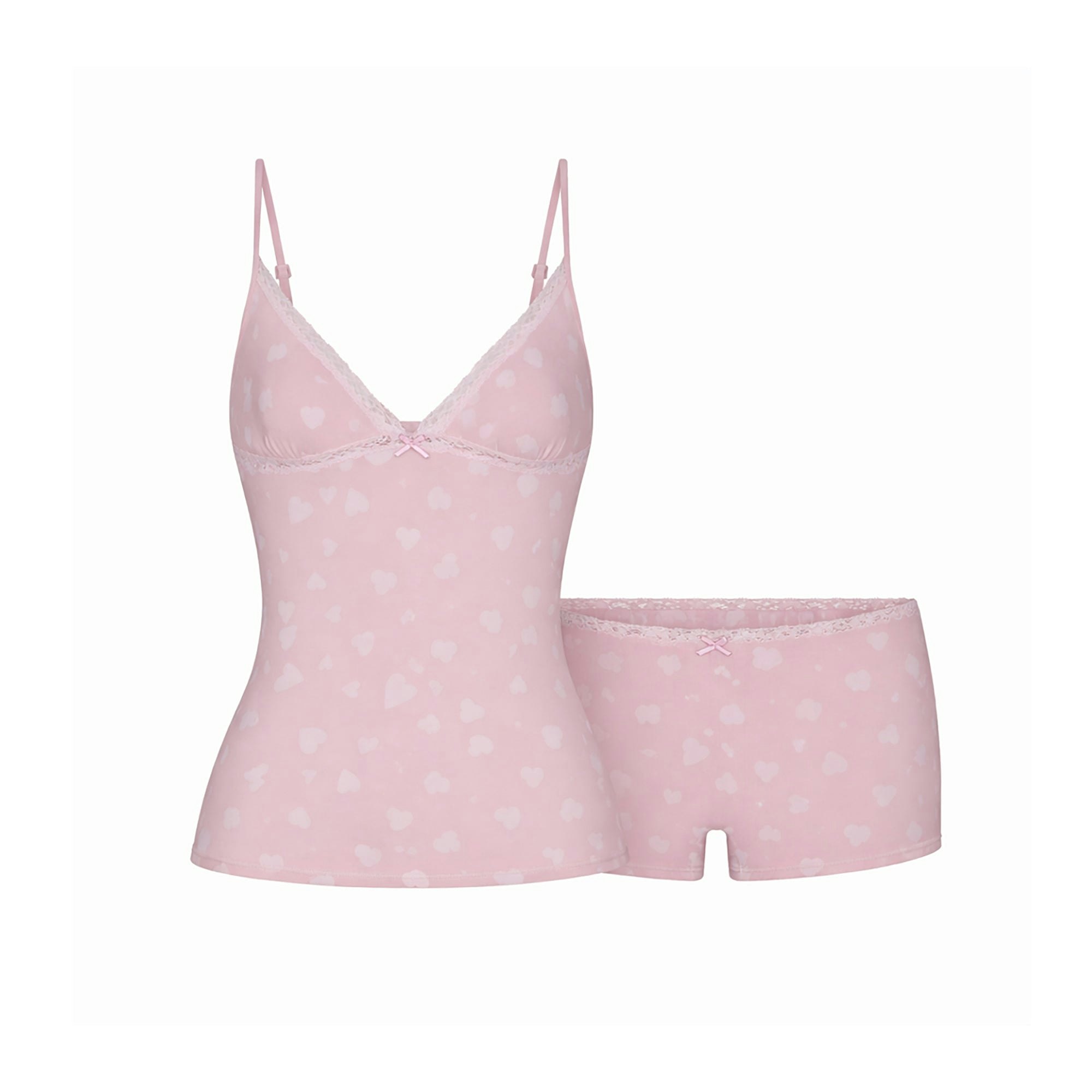 LIGHTWEIGHT COTTON LACE CAMI AND BOY SHORT SET | HALITE CLUSTERED HEARTS FLAT ON A WHITE BACKGROUND | FLT