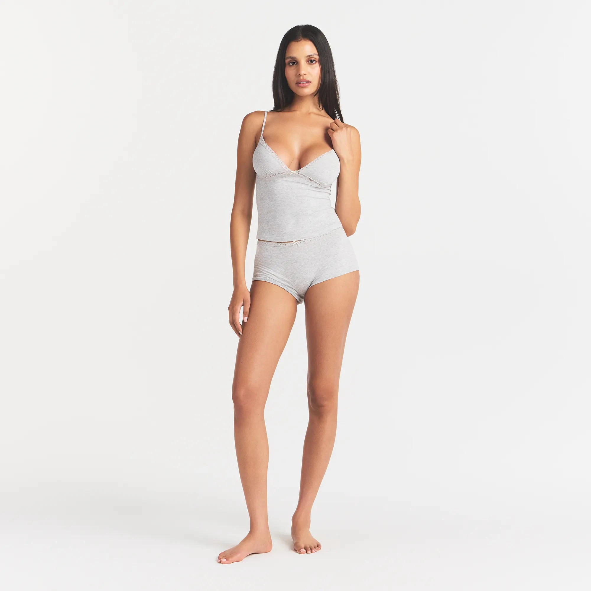 LIGHTWEIGHT COTTON LACE CAMI AND BOY SHORT SET | LIGHT HEATHER GREY ON A MODEL FRONT VIEW @ | FOCUS: 0.0, 1.0, 0.9