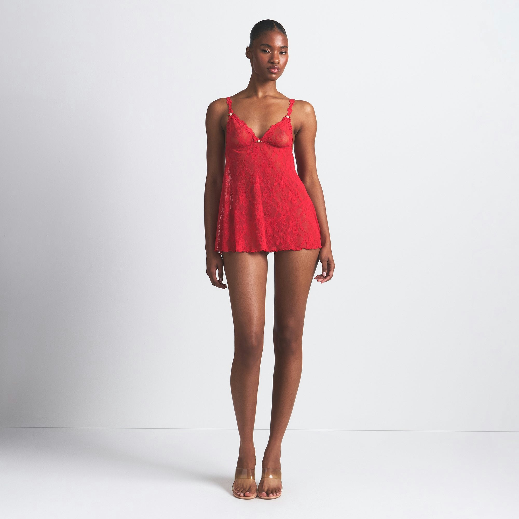 STRETCH LACE SLIP AND THONG SET | RED ON A MODEL FRONT VIEW @ | FOCUS: 0.0, 1.0, 0.9
