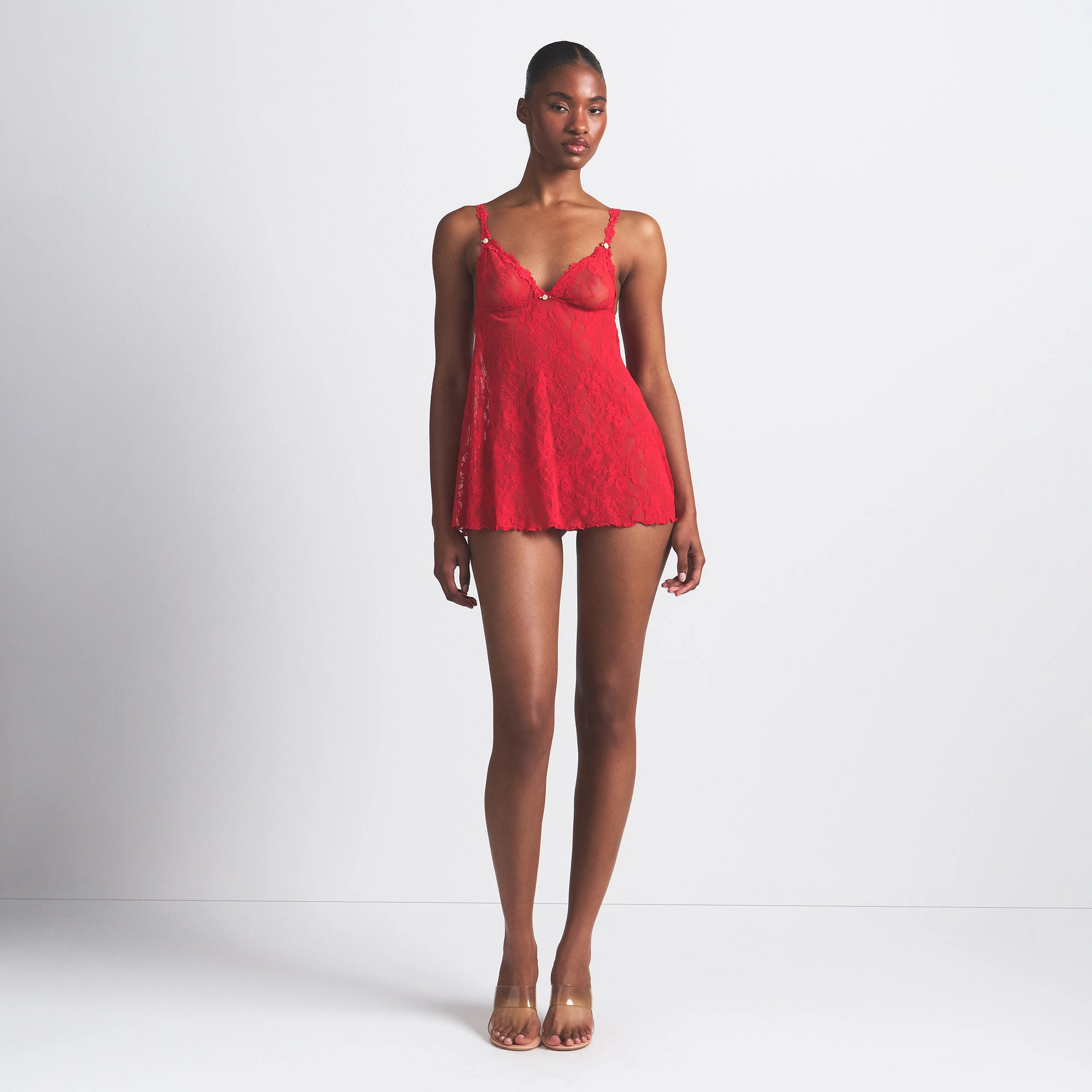STRETCH LACE SLIP AND THONG SET | RED ON A MODEL FRONT VIEW @ | FOCUS: 0.0, 1.0, 0.9