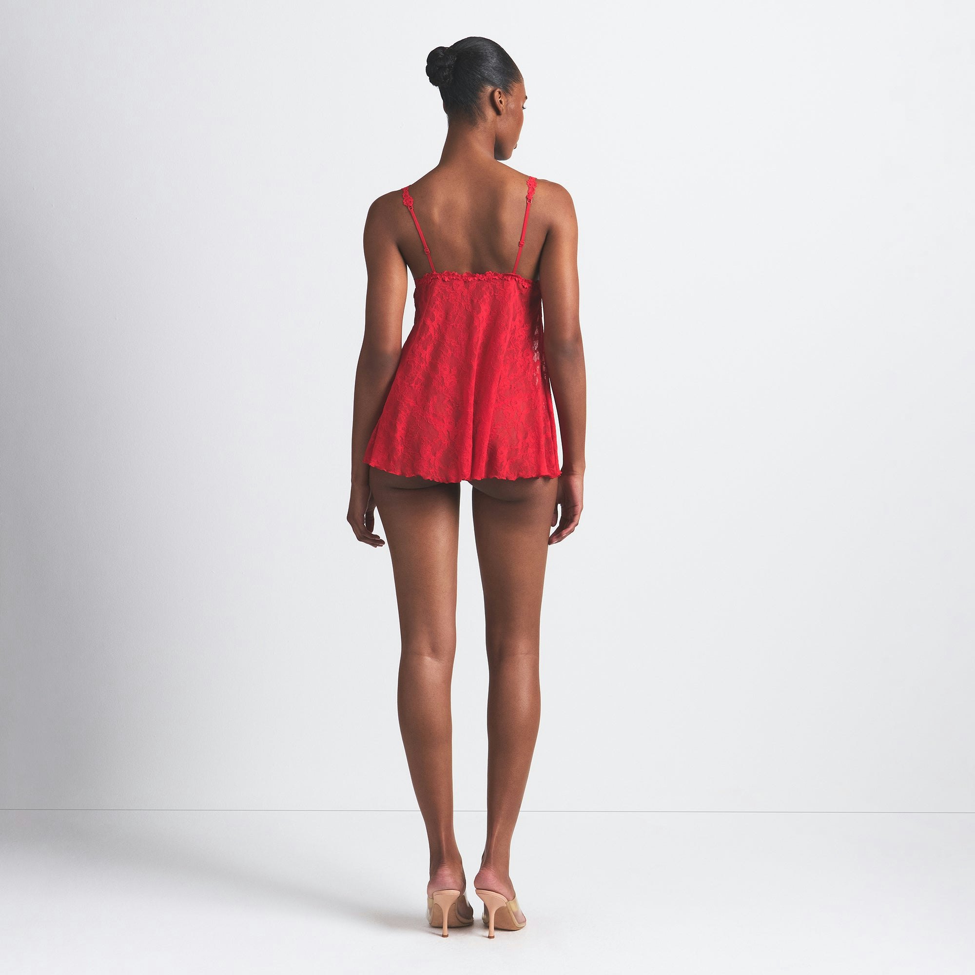 STRETCH LACE SLIP AND THONG SET | RED ON A MODEL BACK VIEW @ | FOCUS: 0.0, 1.0, 0.9