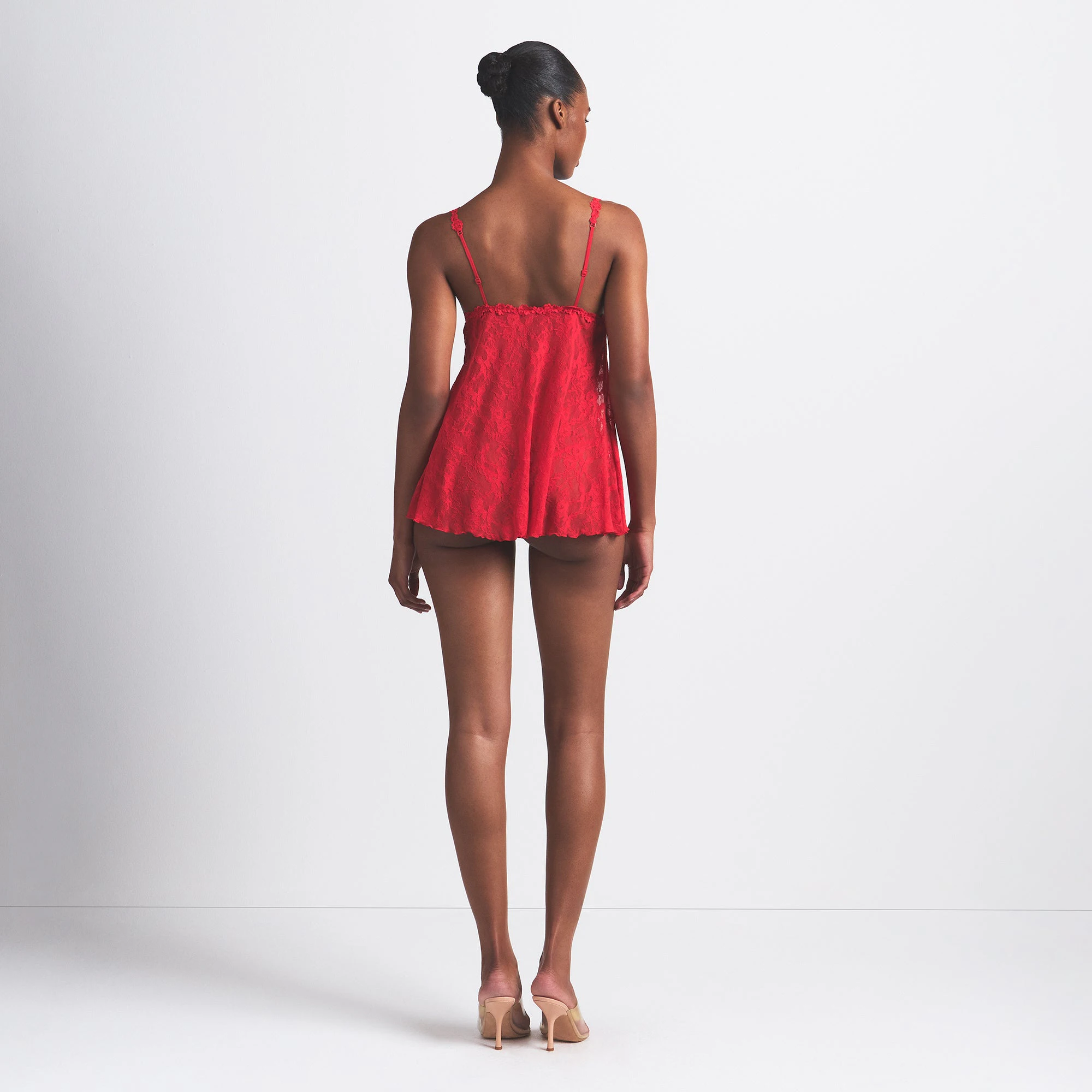 STRETCH LACE SLIP AND THONG SET | RED ON A MODEL BACK VIEW @ | FOCUS: 0.0, 1.0, 0.9