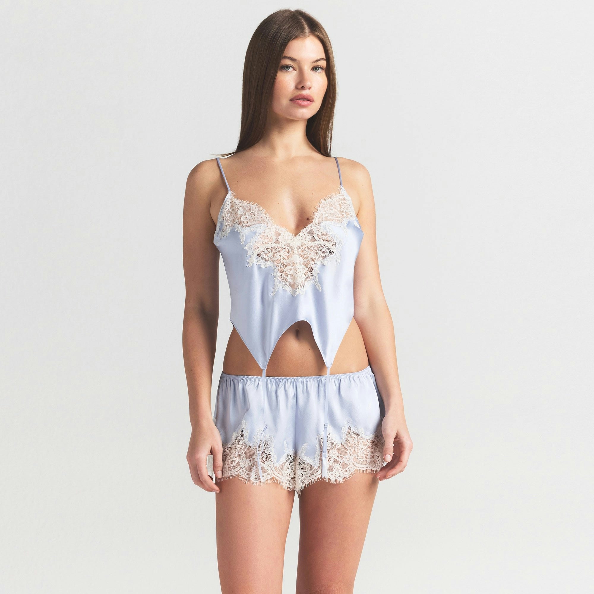 SILK LACE GARTER AND CAMI SHORT SET | PERIWINKLE CONTRAST ON A MODEL SIDE VIEW @ | FOCUS: 0.0, 1.0, 0.9