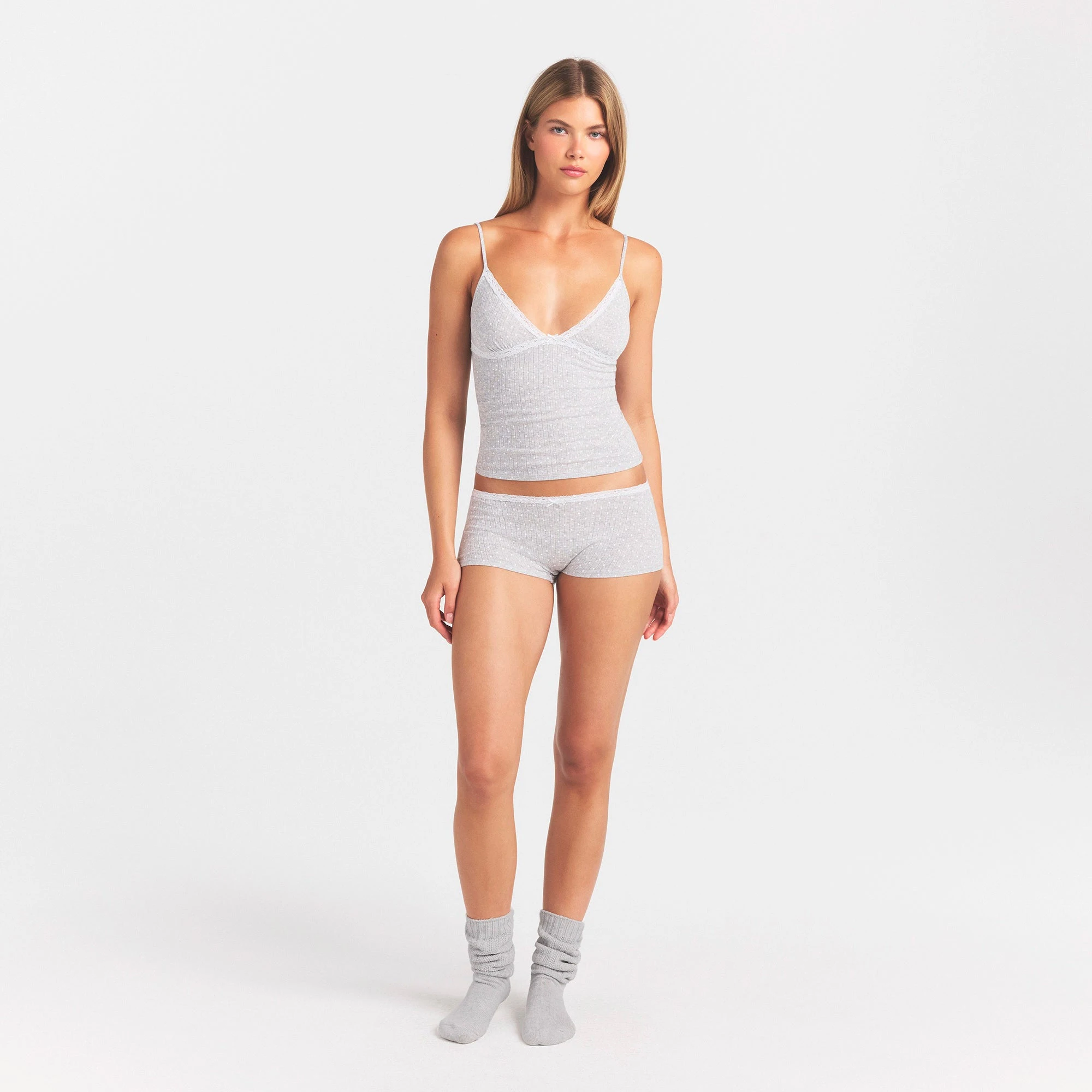 LIGHTWEIGHT COTTON POINTELLE LACE CAMI AND BOY SHORT SET | LIGHT HEATHER GREY PIN DOT ON A MODEL FRONT VIEW @ | FOCUS: 0.0, 1.0, 0.9