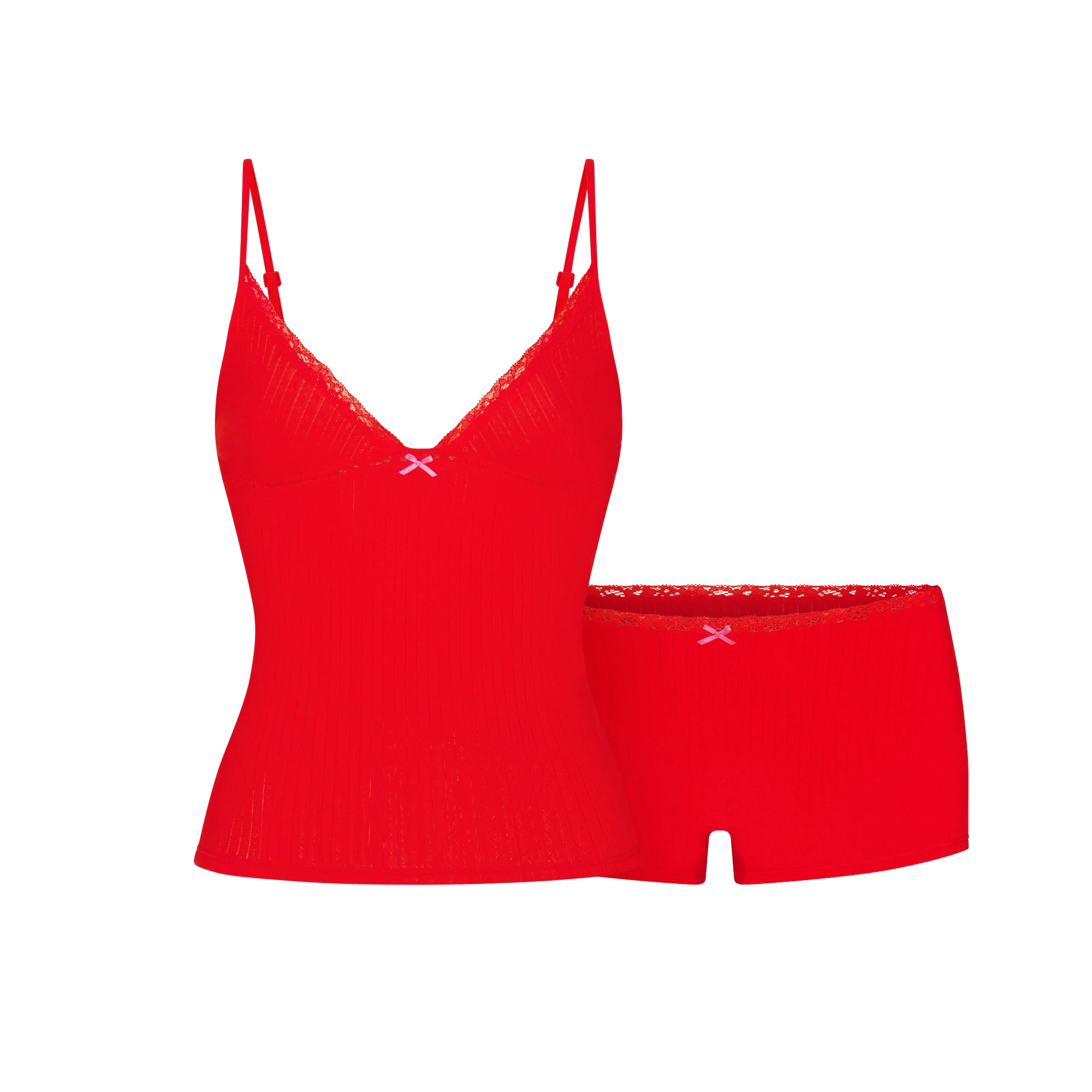 LIGHTWEIGHT COTTON POINTELLE LACE CAMI AND BOY SHORT SET | RUBY TONAL FLAT ON A WHITE BACKGROUND | FLT