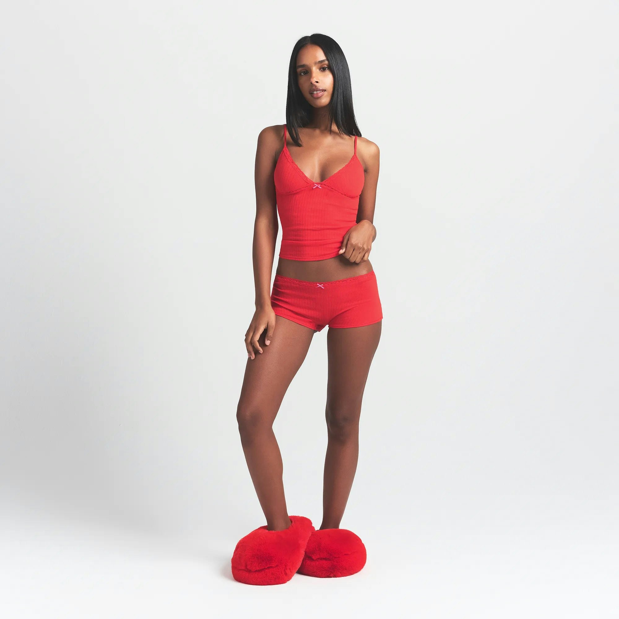 LIGHTWEIGHT COTTON POINTELLE LACE CAMI AND BOY SHORT SET | RUBY TONAL ON A MODEL FRONT VIEW @ | FOCUS: 0.0, 1.0, 0.9