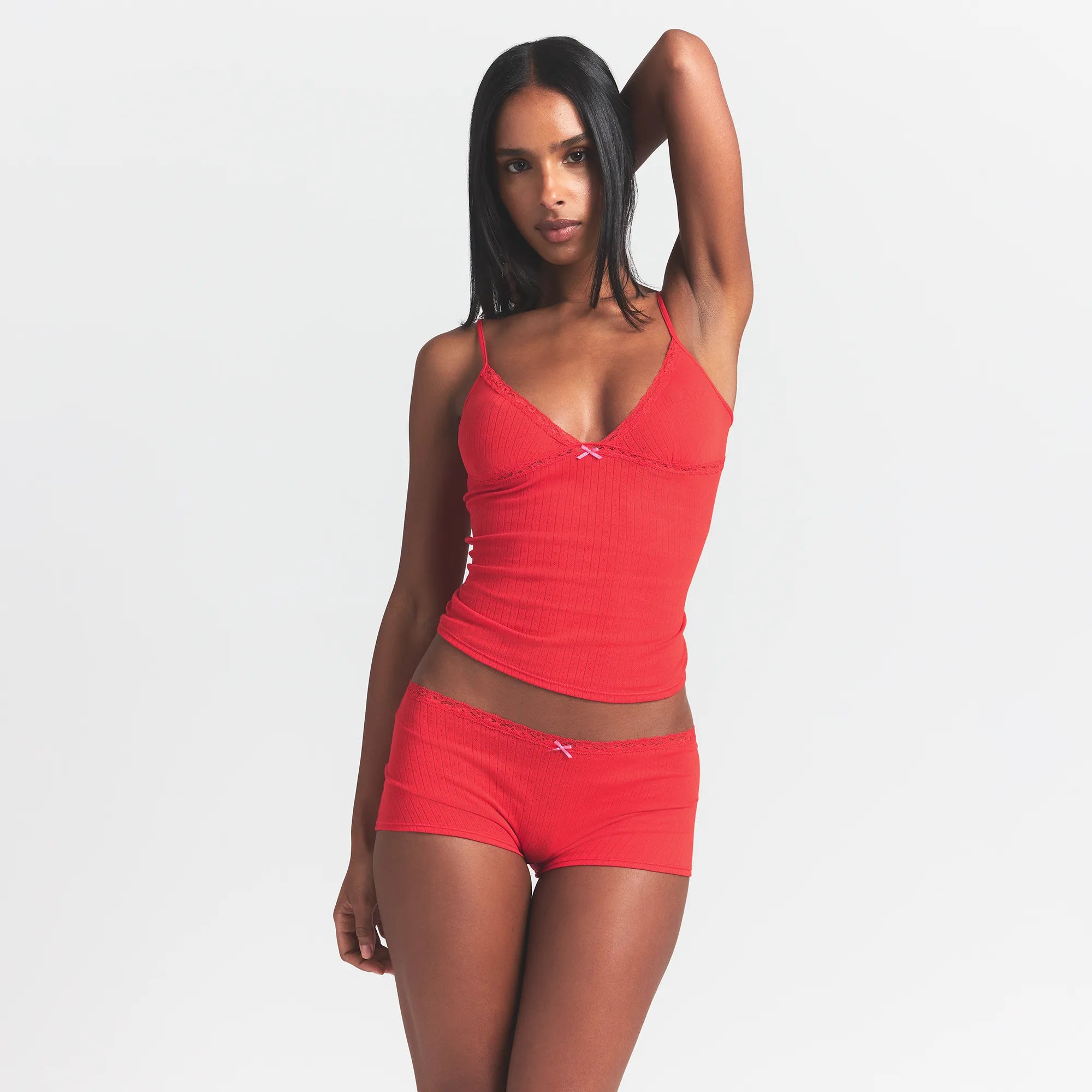 LIGHTWEIGHT COTTON POINTELLE LACE CAMI AND BOY SHORT SET | RUBY TONAL ON A MODEL FRONT VIEW @ | FOCUS: 0.0, 1.0, 0.9