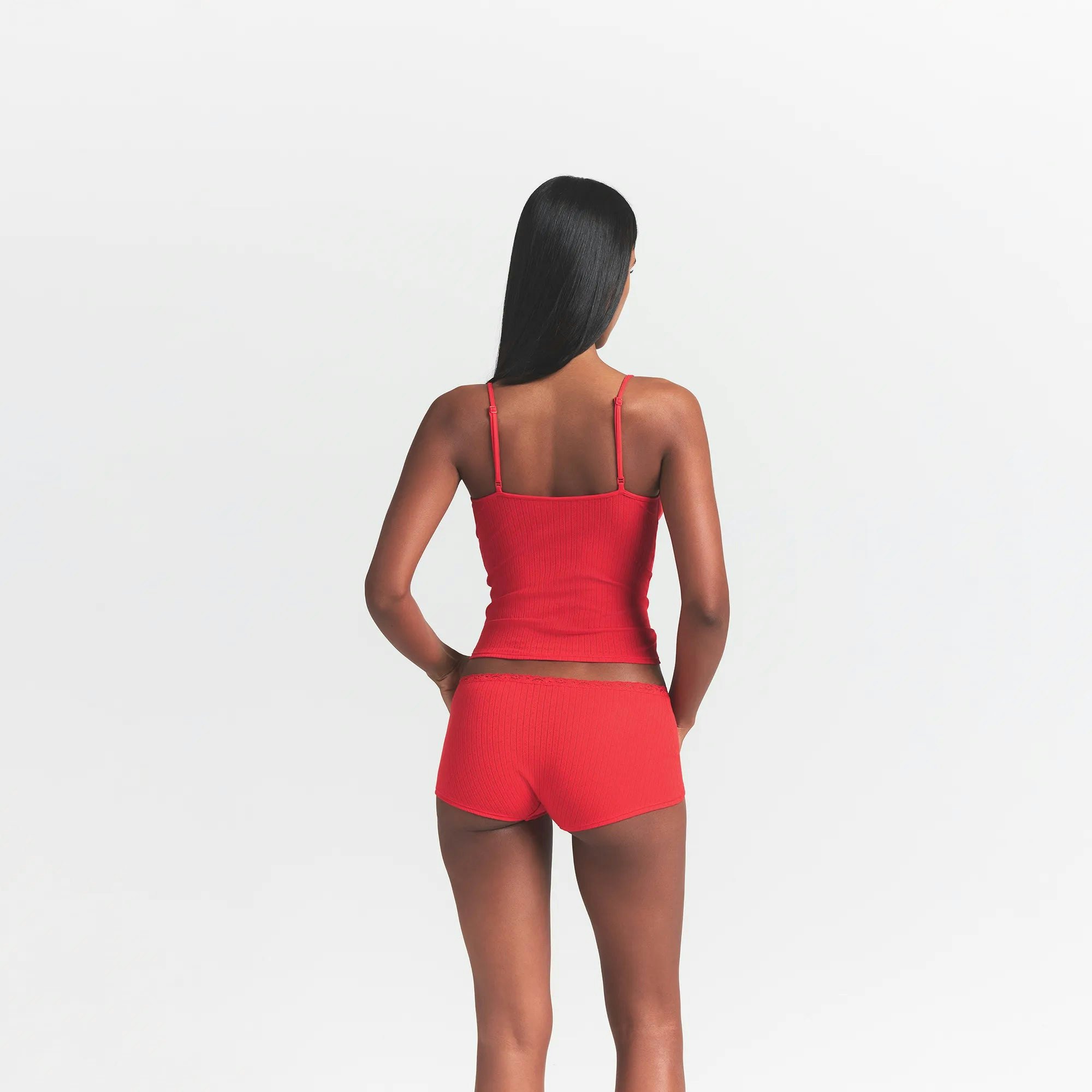 LIGHTWEIGHT COTTON POINTELLE LACE CAMI AND BOY SHORT SET | RUBY TONAL ON A MODEL BACK VIEW @ | FOCUS: 0.0, 1.0, 0.9