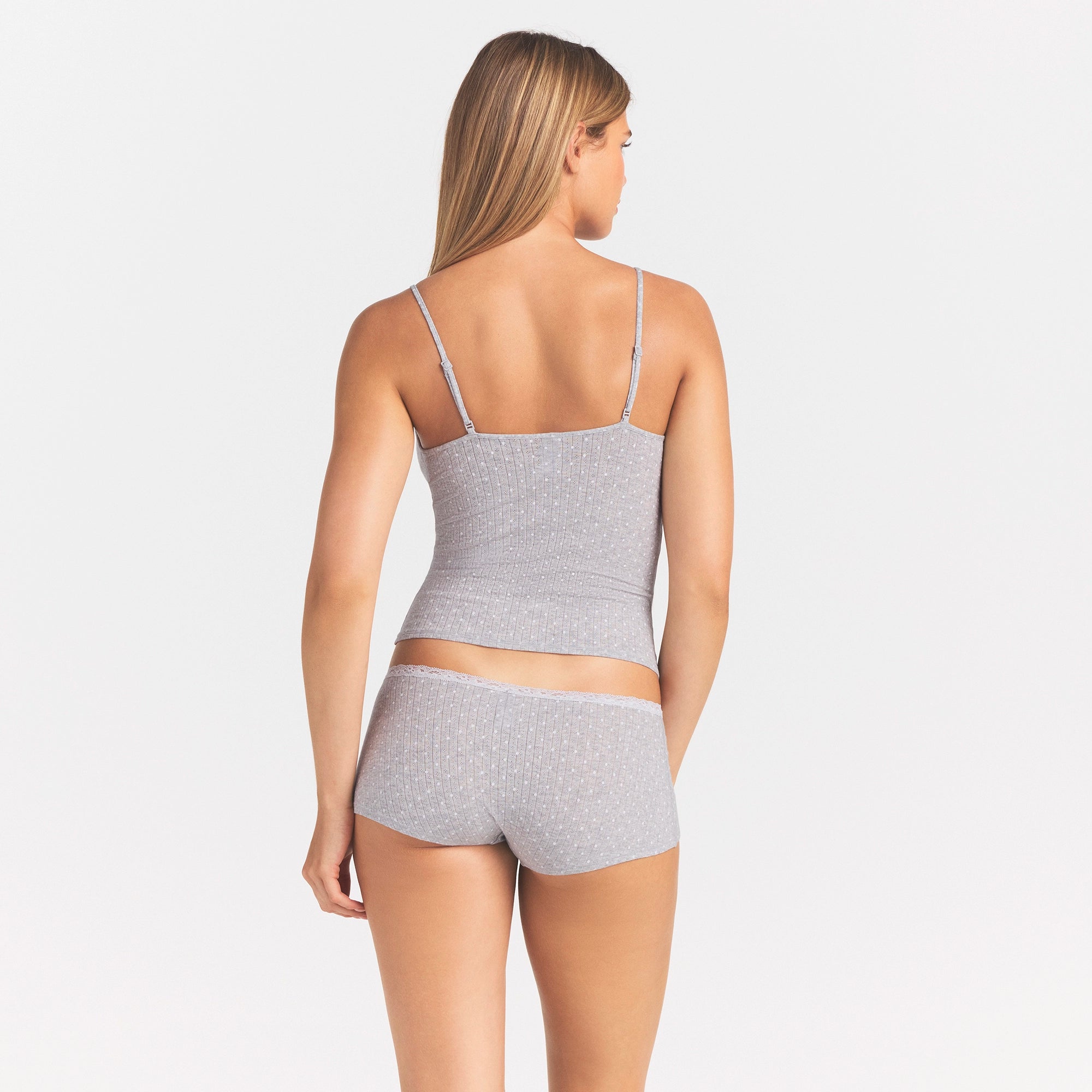 LIGHTWEIGHT COTTON POINTELLE LACE CAMI AND BOY SHORT SET | SNOW MICRO DOT FLORAL ON A MODEL SIDE VIEW