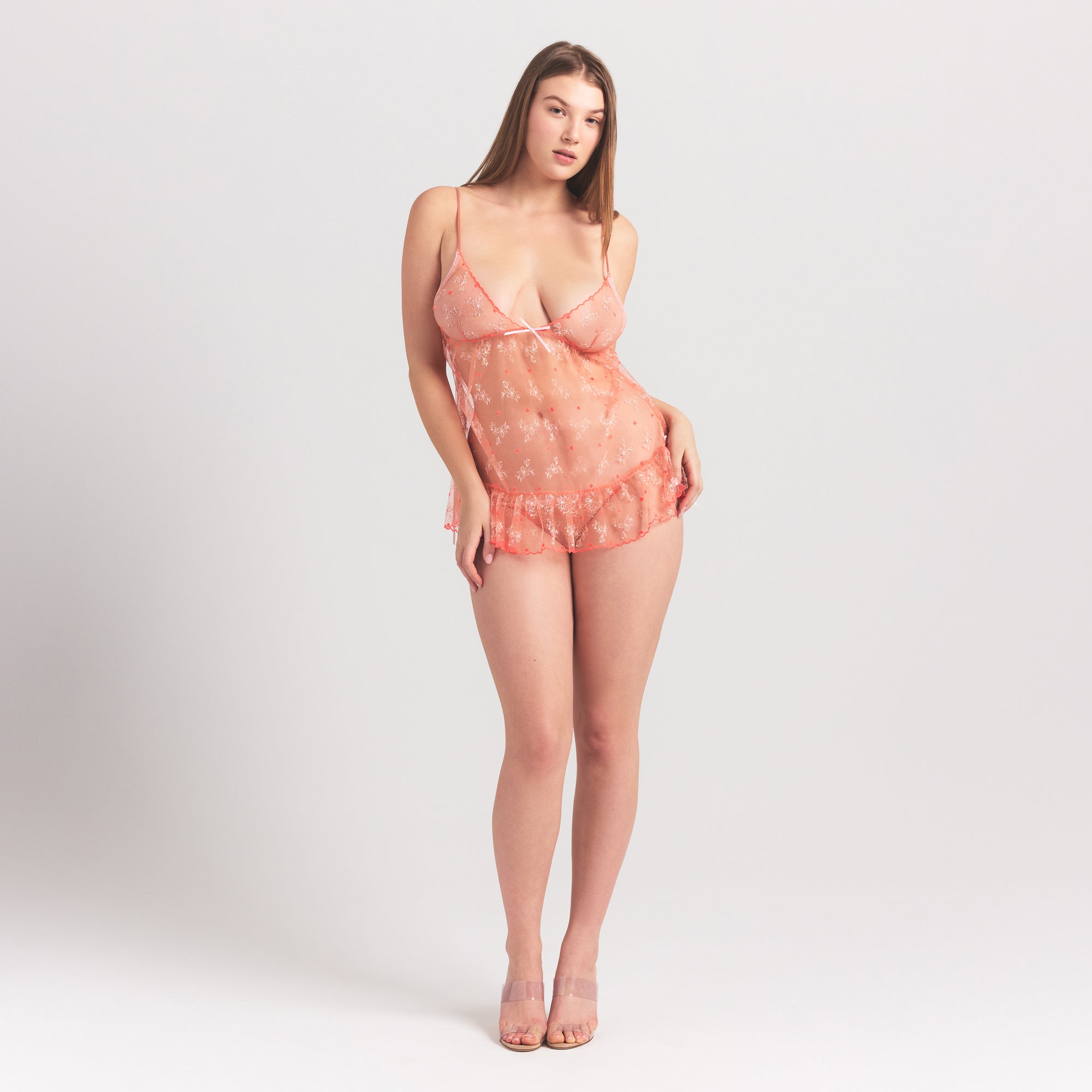 EMBROIDERED TULLE MINI SLIP DRESS AND TANGA SET | GUAVA HEART TULLE ON A MODEL FRONT VIEW @ | FOCUS: 0.0, 1.0, 0.9