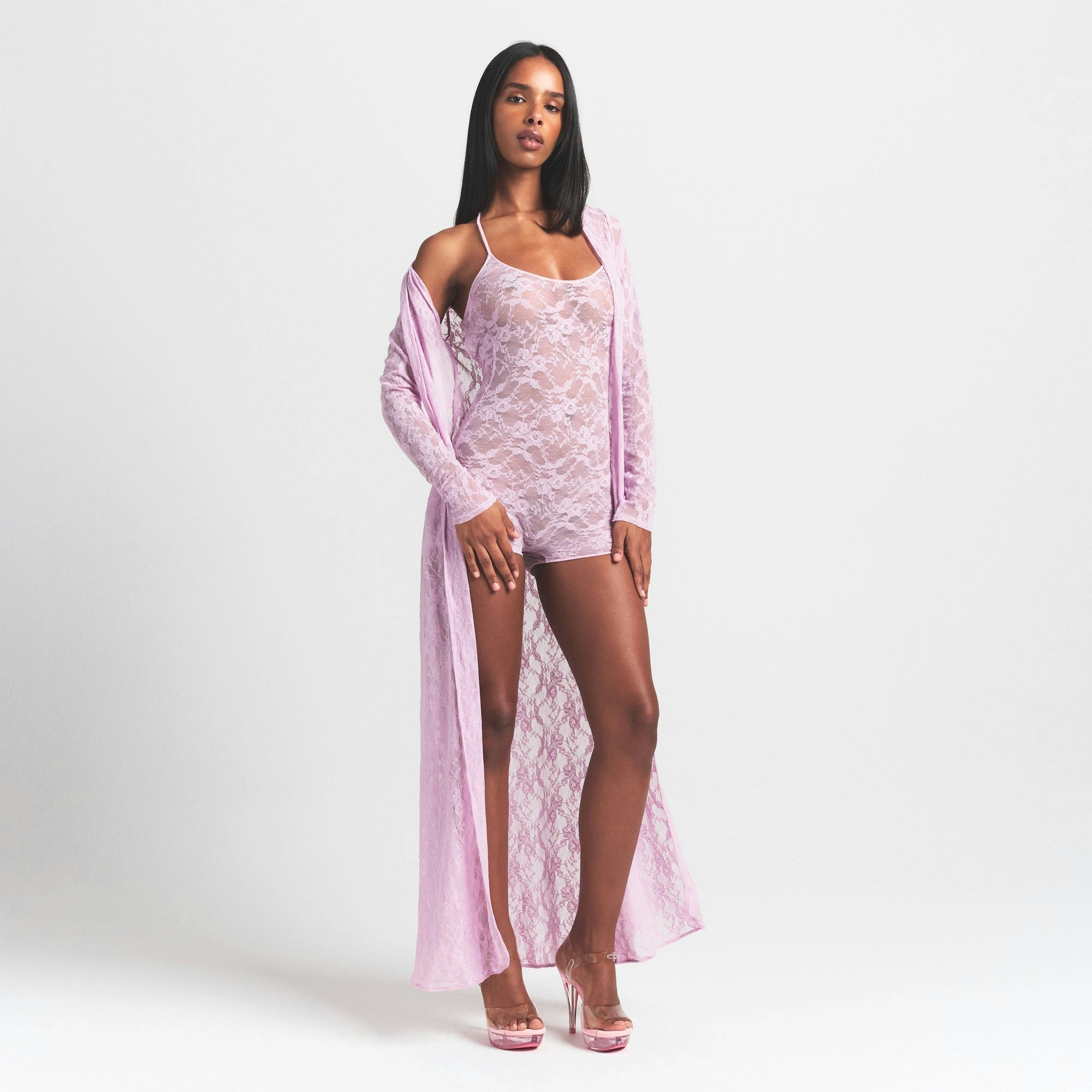 STRETCH LACE LONG ROBE | BABY PINK ON A MODEL FRONT VIEW @ | FOCUS: 0.0, 1.0, 0.9