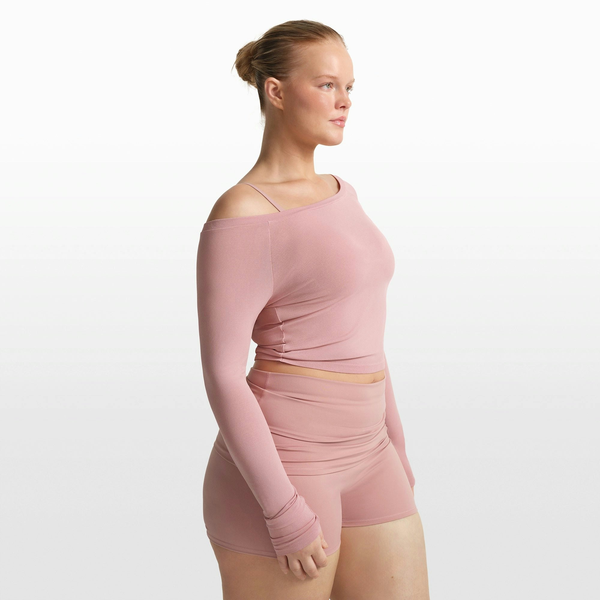 NikeSKIMS STRETCH KNIT LONG SLEEVE BOATNECK TOP | HIMALAYAN ON A MODEL FRONT VIEW @ | FOCUS: 0.0, 1.0, 0.9