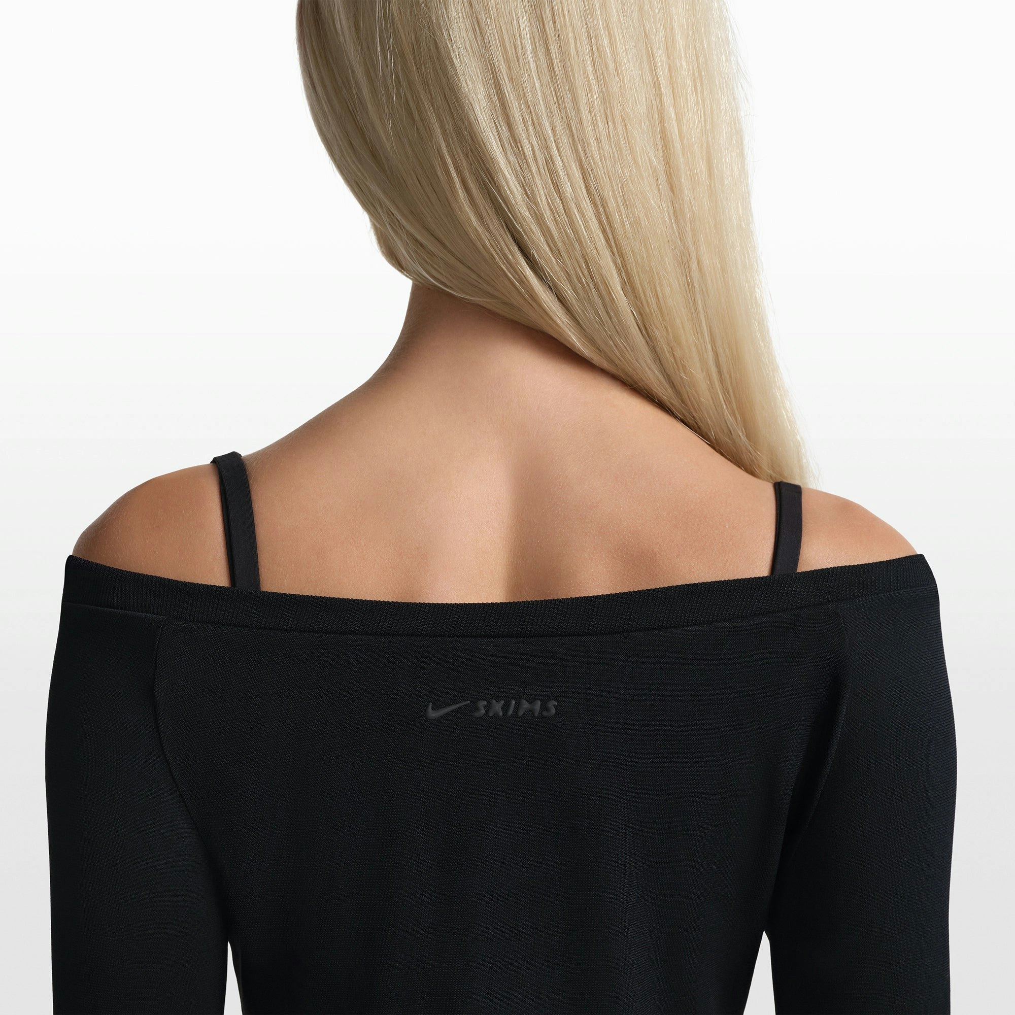 NikeSKIMS STRETCH KNIT LONG SLEEVE BOATNECK TOP | OBSIDIAN ON A MODEL FRONT VIEW @ | FOCUS: 0.0, 1.0, 0.9