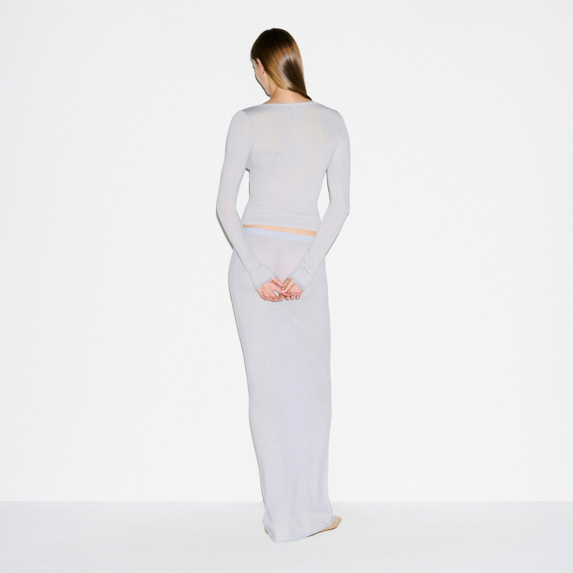 SHEER MODAL LONG SLEEVE HENLEY | MIST ON A MODEL FRONT VIEW @ | FOCUS: 0.0, 1.0, 0.9