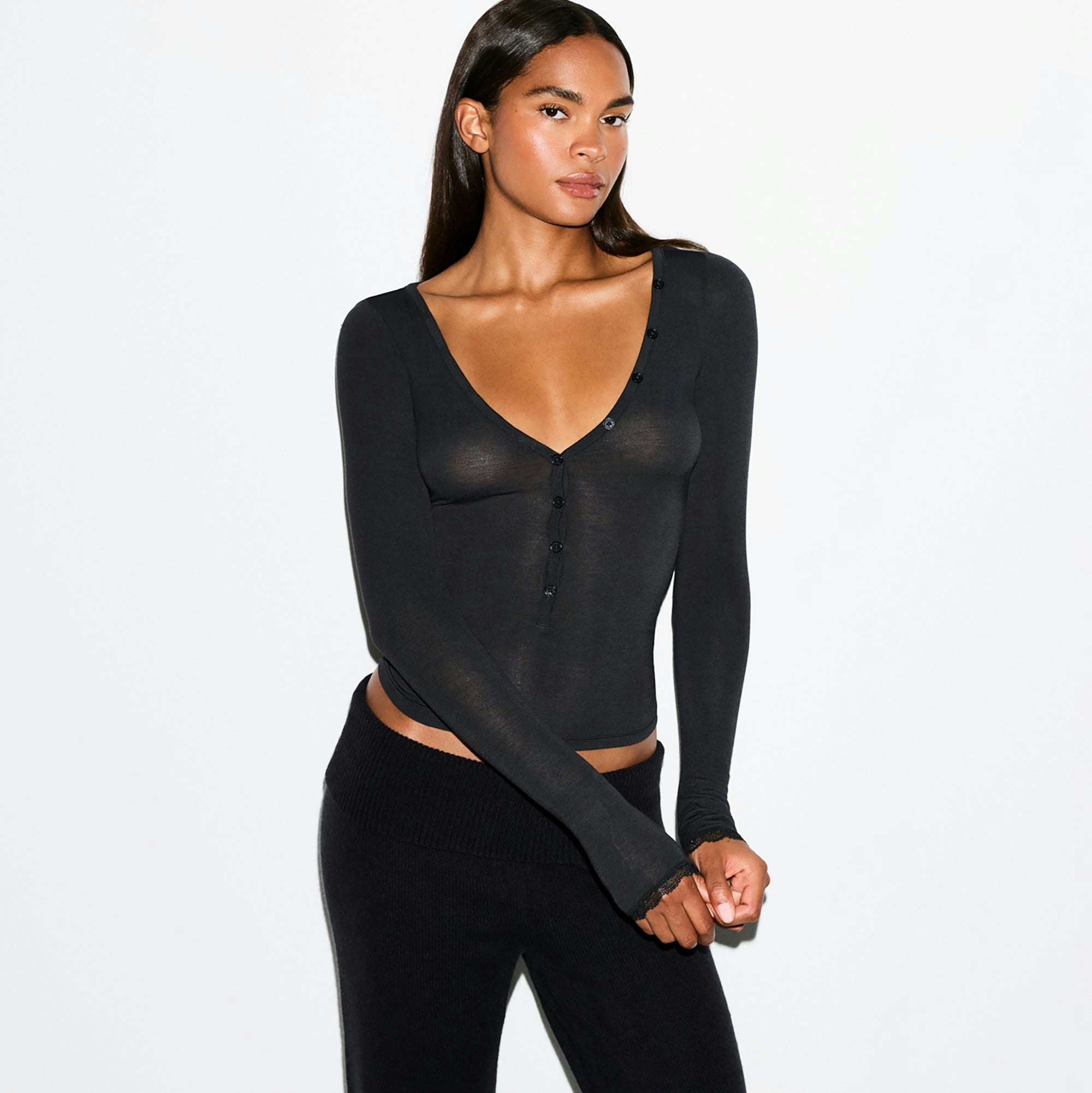 SHEER MODAL LONG SLEEVE HENLEY | ONYX ON A MODEL FRONT VIEW @ | FOCUS: 0.0, 1.0, 0.9