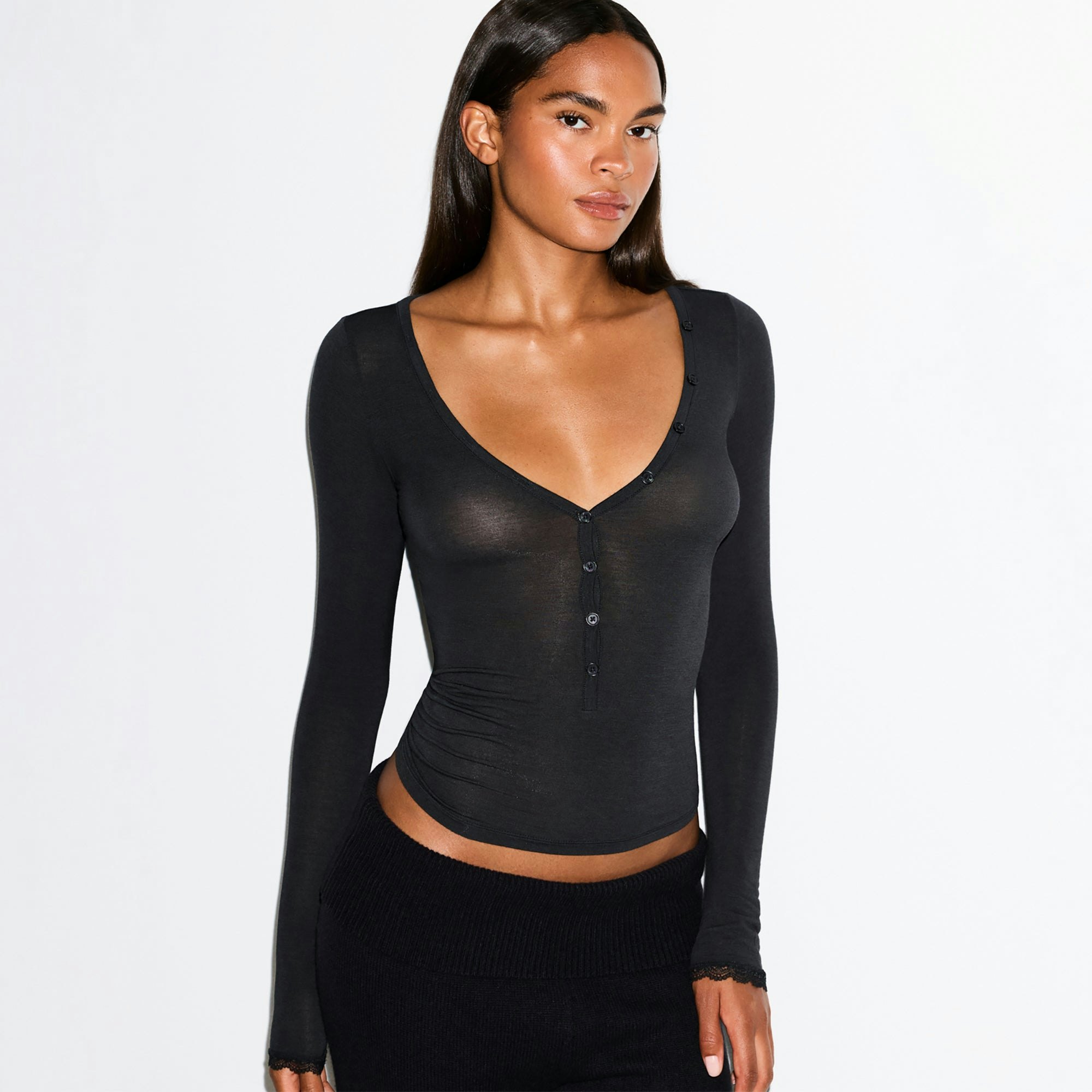 SHEER MODAL LONG SLEEVE HENLEY | ONYX ON A MODEL FRONT VIEW @ | FOCUS: 0.0, 1.0, 0.9