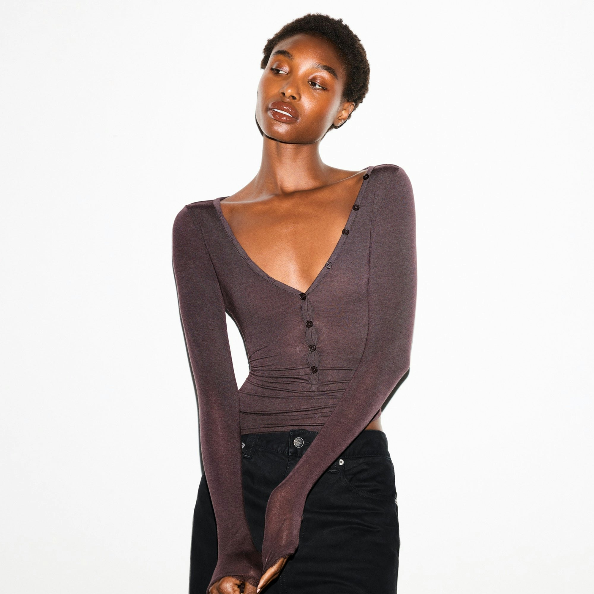 SHEER MODAL LONG SLEEVE HENLEY | PHOENIX ON A MODEL FRONT VIEW @ | FOCUS: 0.0, 1.0, 0.9