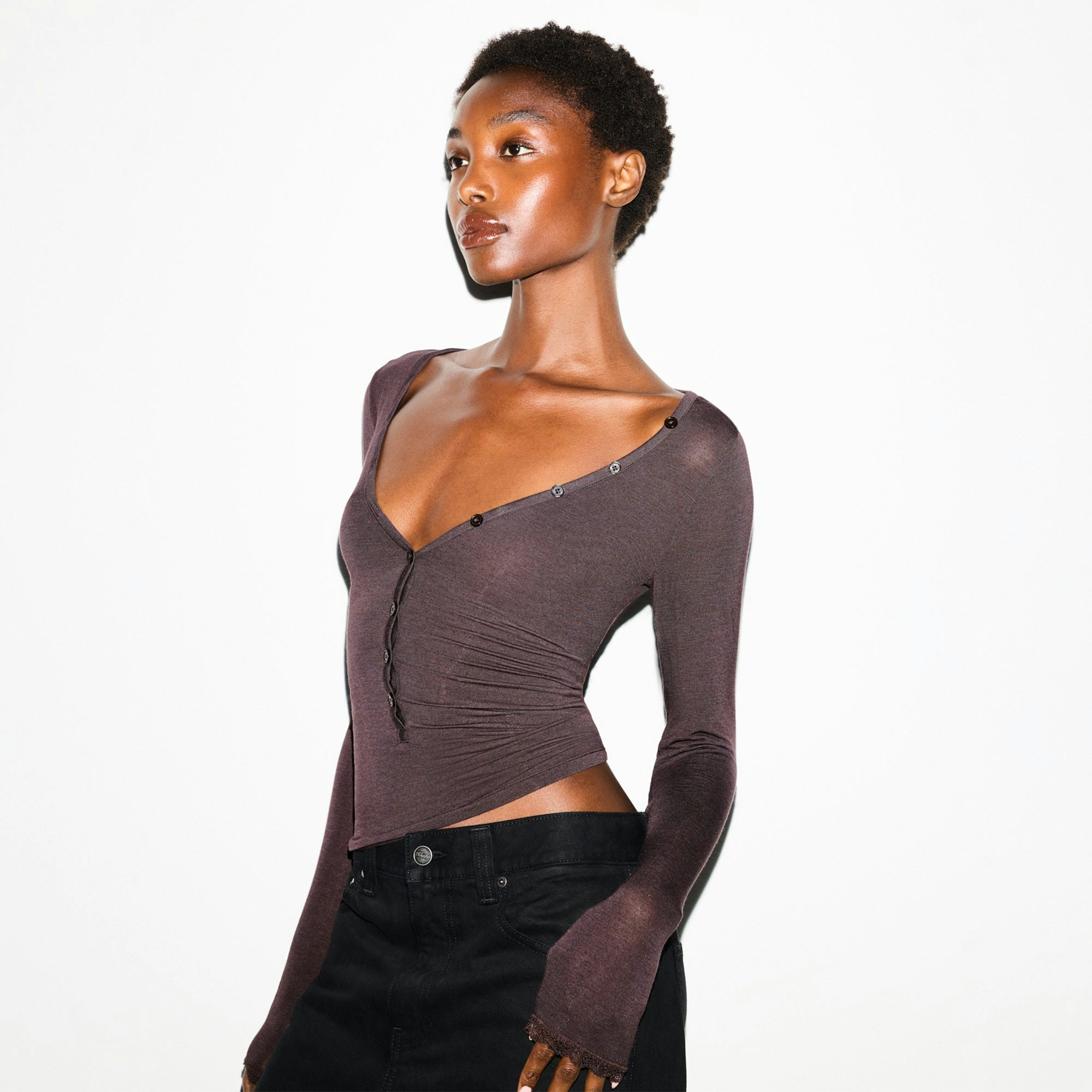 SHEER MODAL LONG SLEEVE HENLEY | PHOENIX ON A MODEL FRONT VIEW @ | FOCUS: 0.0, 1.0, 0.9