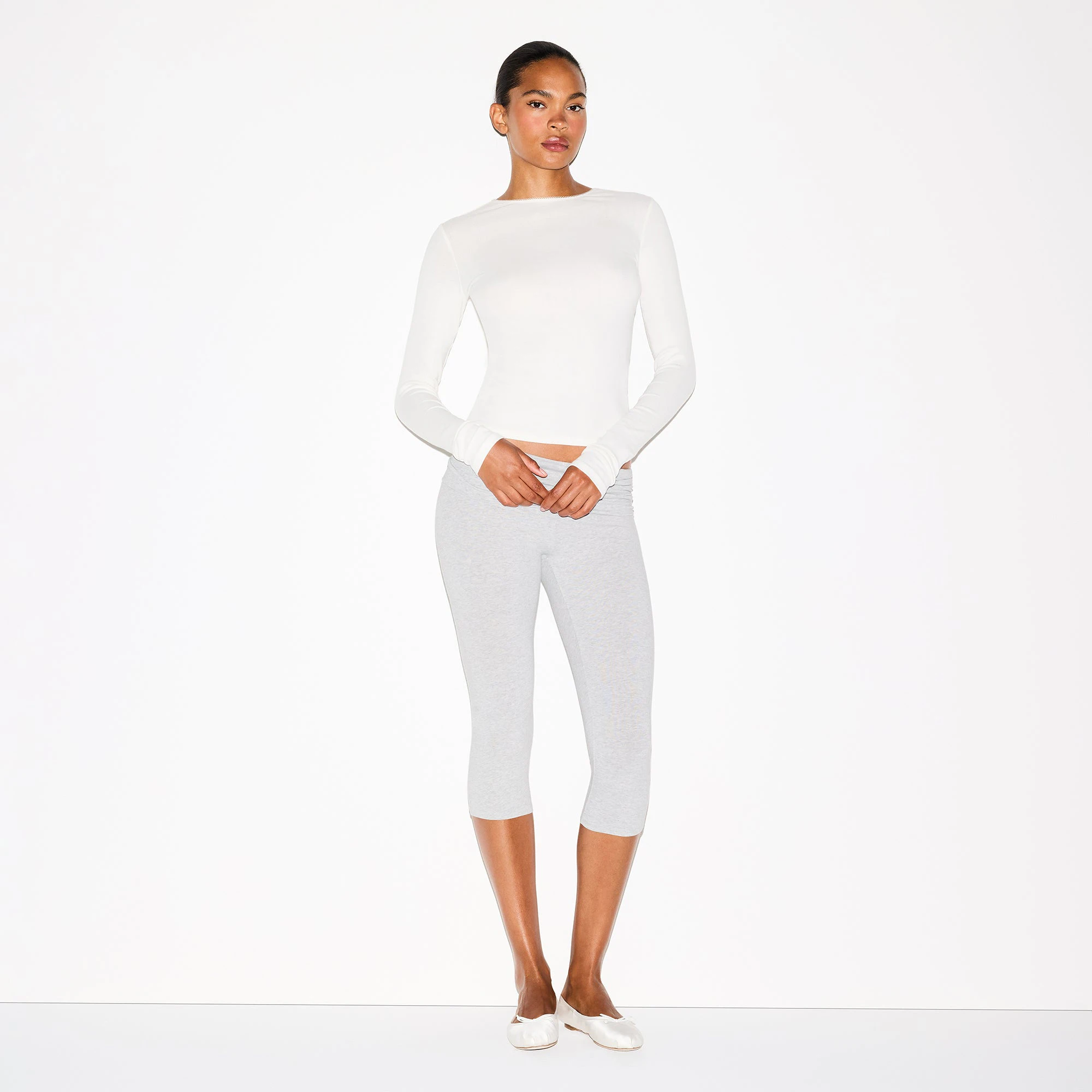 DROP NEEDLE POINTELLE LONG SLEEVE TOP | MARBLE ON A MODEL FRONT VIEW @ | FOCUS: 0.0, 1.0, 0.9