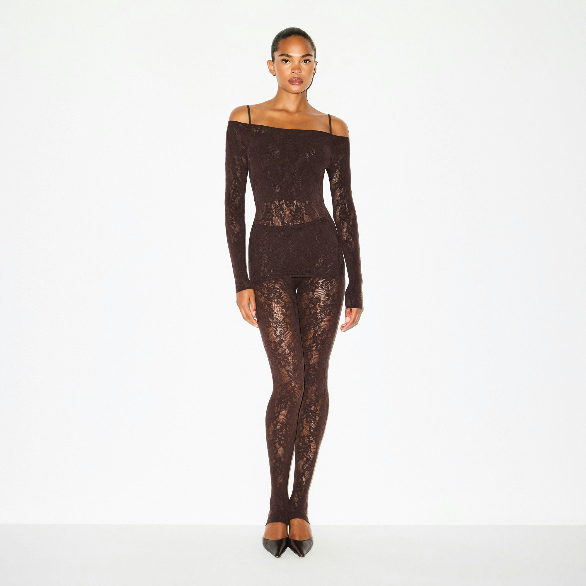 KNIT LACE BOATNECK TOP | ESPRESSO ON A MODEL FRONT VIEW @ | FOCUS: 0.0, 1.0, 0.9