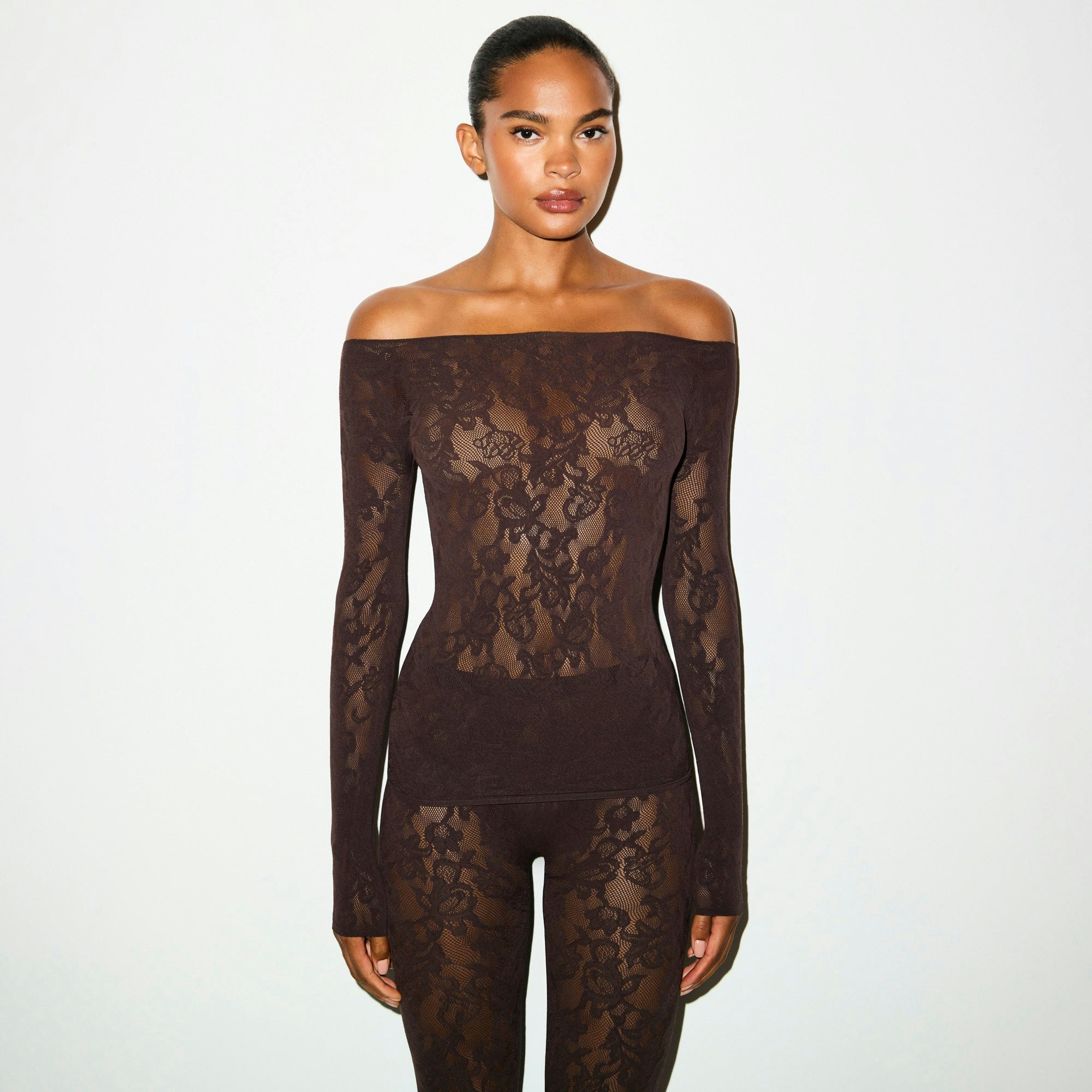 KNIT LACE BOATNECK TOP | ESPRESSO ON A MODEL SIDE VIEW @ | FOCUS: 0.0, 1.0, 0.9