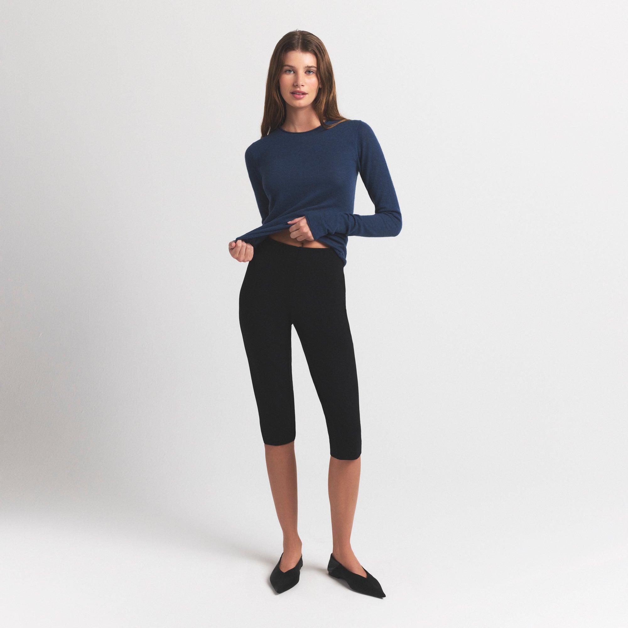 FEATHERWEIGHT CASHMERE LONG SLEEVE TOP | INDIGO ON A MODEL FRONT VIEW @ | FOCUS: 0.9, 0.1, 0.7