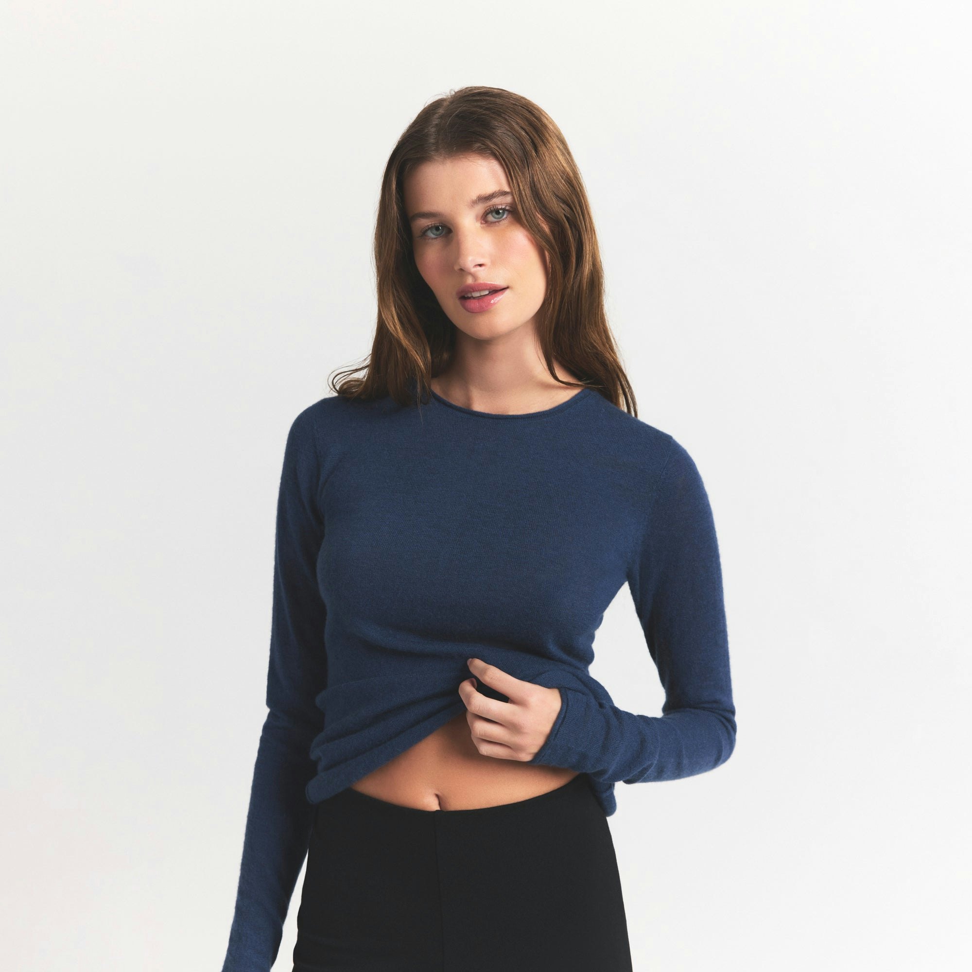 FEATHERWEIGHT CASHMERE LONG SLEEVE TOP | INDIGO ON A MODEL SIDE VIEW S | FOCUS: 0.0, 1.0, 0.9