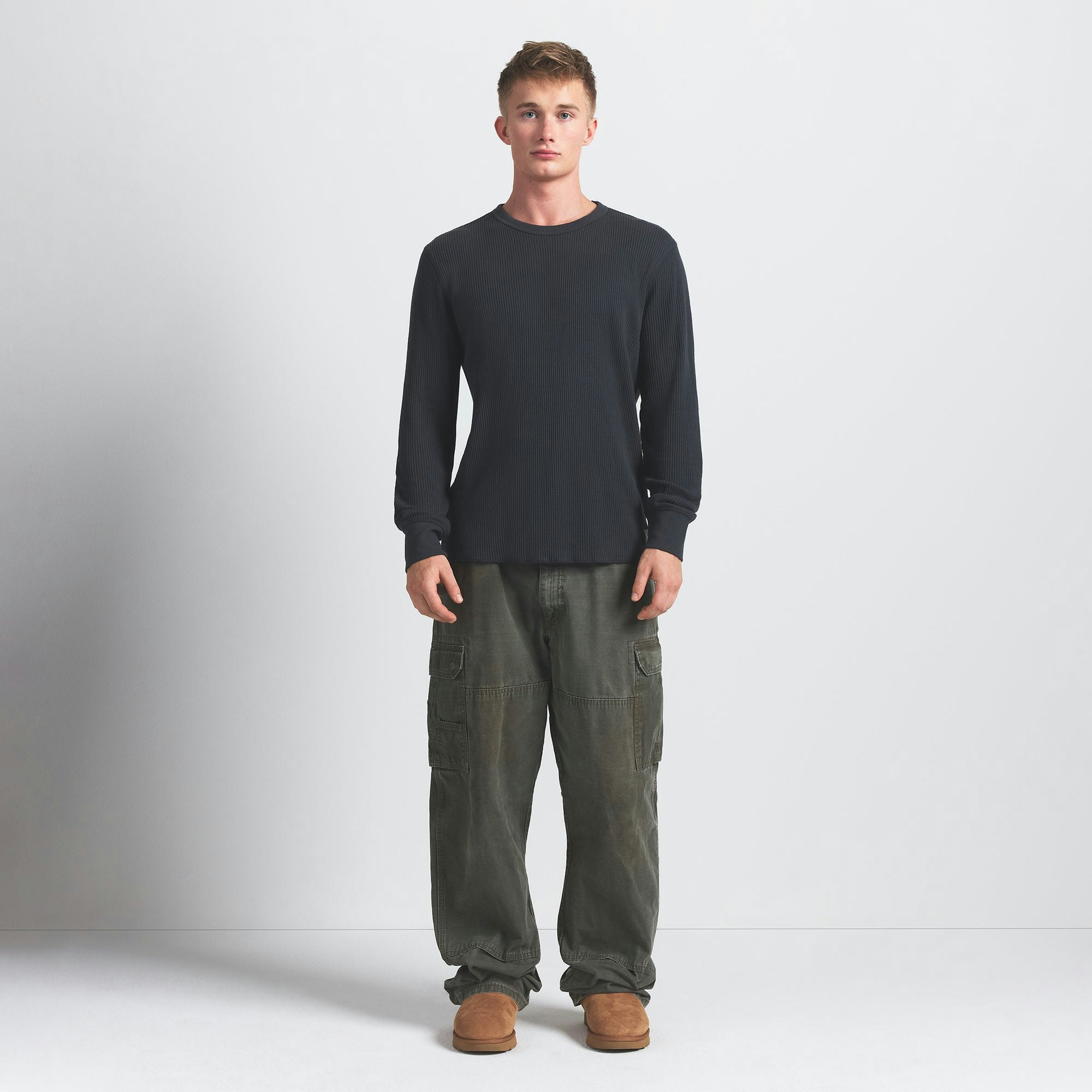 WAFFLE MENS LONG SLEEVE TOP | GRAPHITE ON A MODEL FRONT VIEW @ | FOCUS: 0.0, 1.0, 0.9