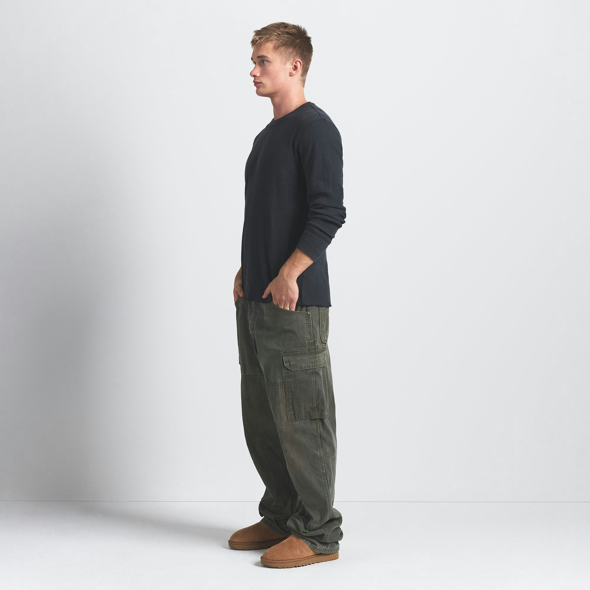 WAFFLE MENS LONG SLEEVE TOP | GRAPHITE ON A MODEL SIDE VIEW @ | FOCUS: 0.0, 1.0, 0.9