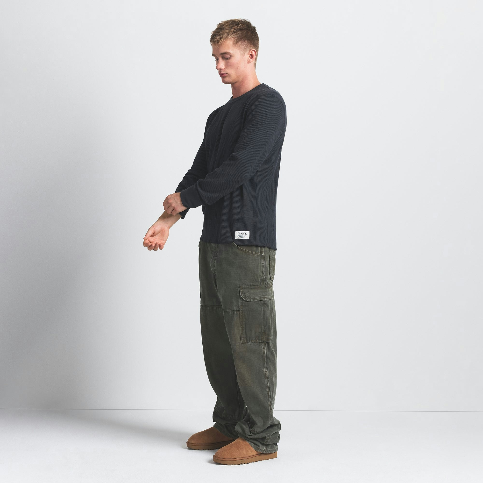 WAFFLE MENS LONG SLEEVE TOP | GRAPHITE ON A MODEL SIDE VIEW @ | FOCUS: 0.0, 1.0, 0.9