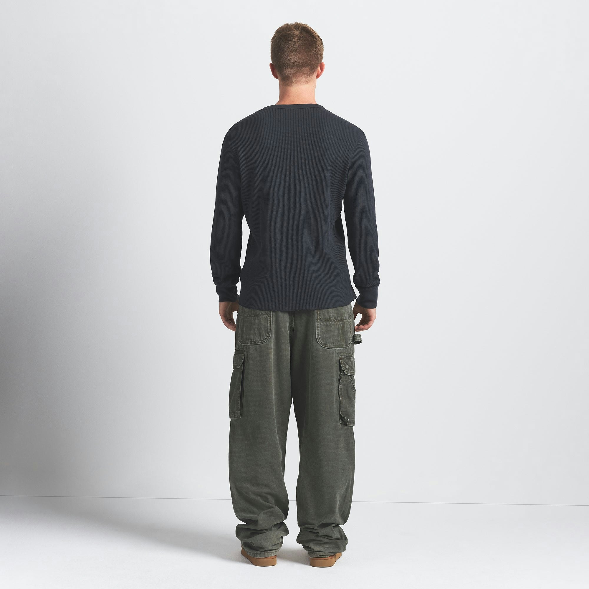 WAFFLE MENS LONG SLEEVE TOP | GRAPHITE ON A MODEL BACK VIEW @ | FOCUS: 0.0, 1.0, 0.9