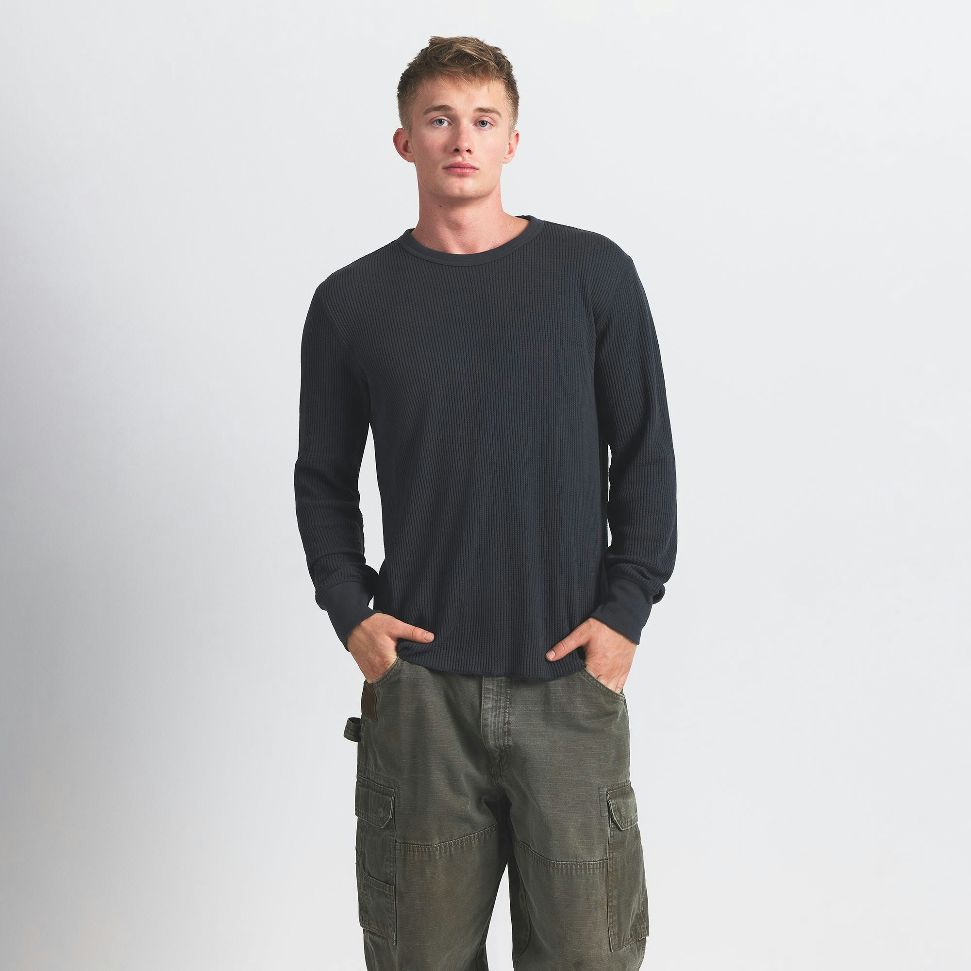 WAFFLE MENS LONG SLEEVE TOP | GRAPHITE ON A MODEL FRONT VIEW @ | FOCUS: 0.0, 1.0, 0.9