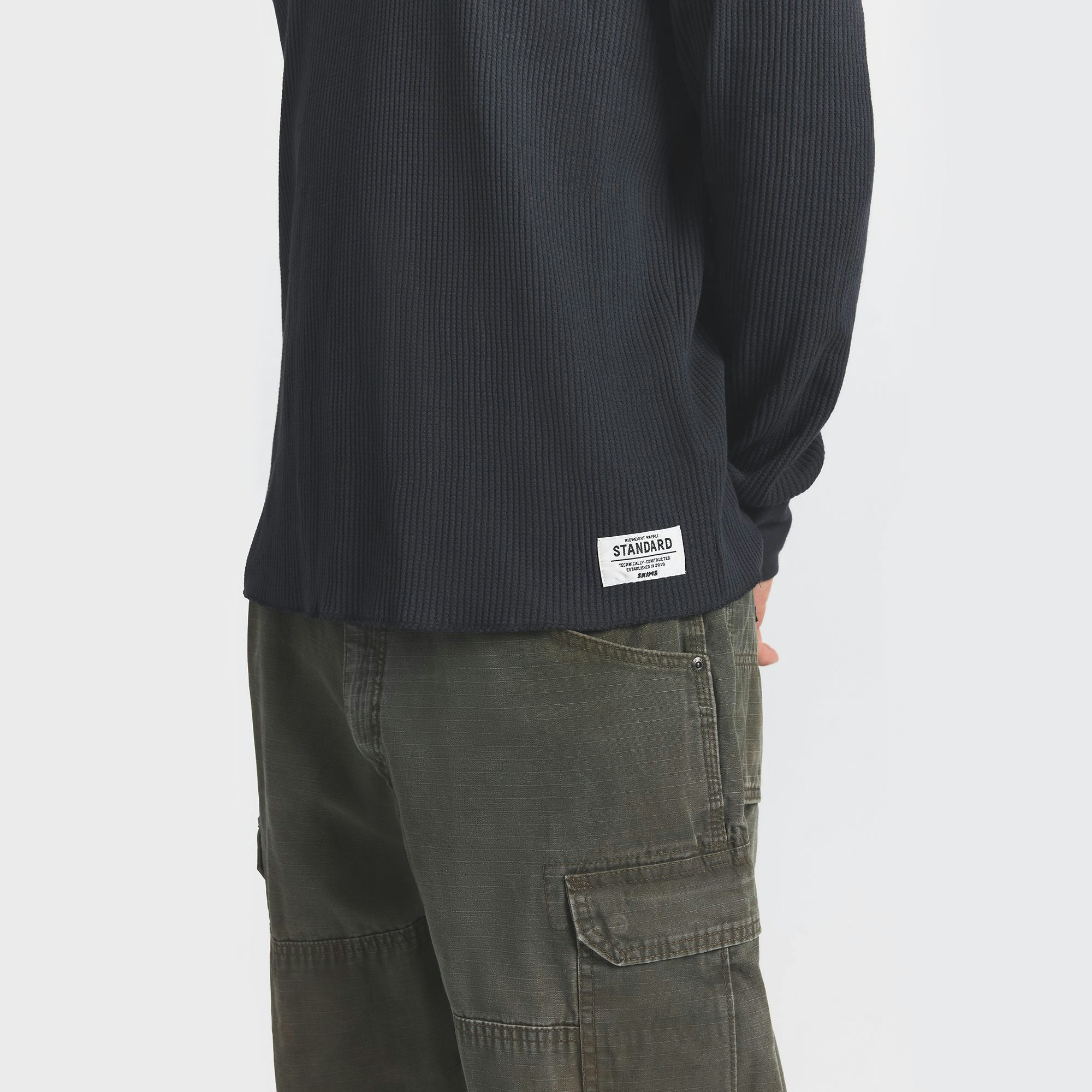 WAFFLE MENS LONG SLEEVE TOP | GRAPHITE ON A MODEL SIDE VIEW @ | FOCUS: 0.0, 1.0, 0.9